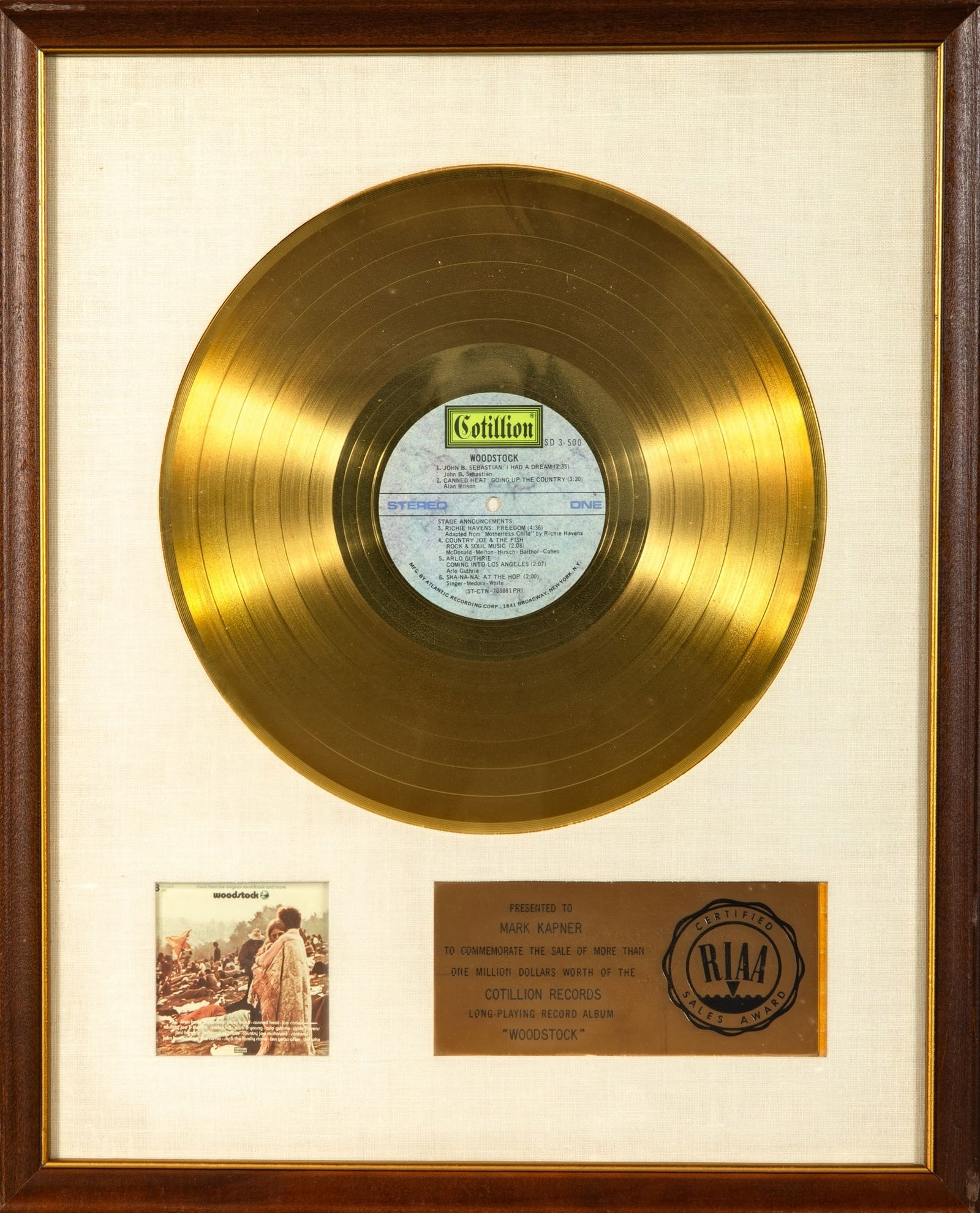 Woodstock Gold Record presented to Mark Kapner (1 of 1)
