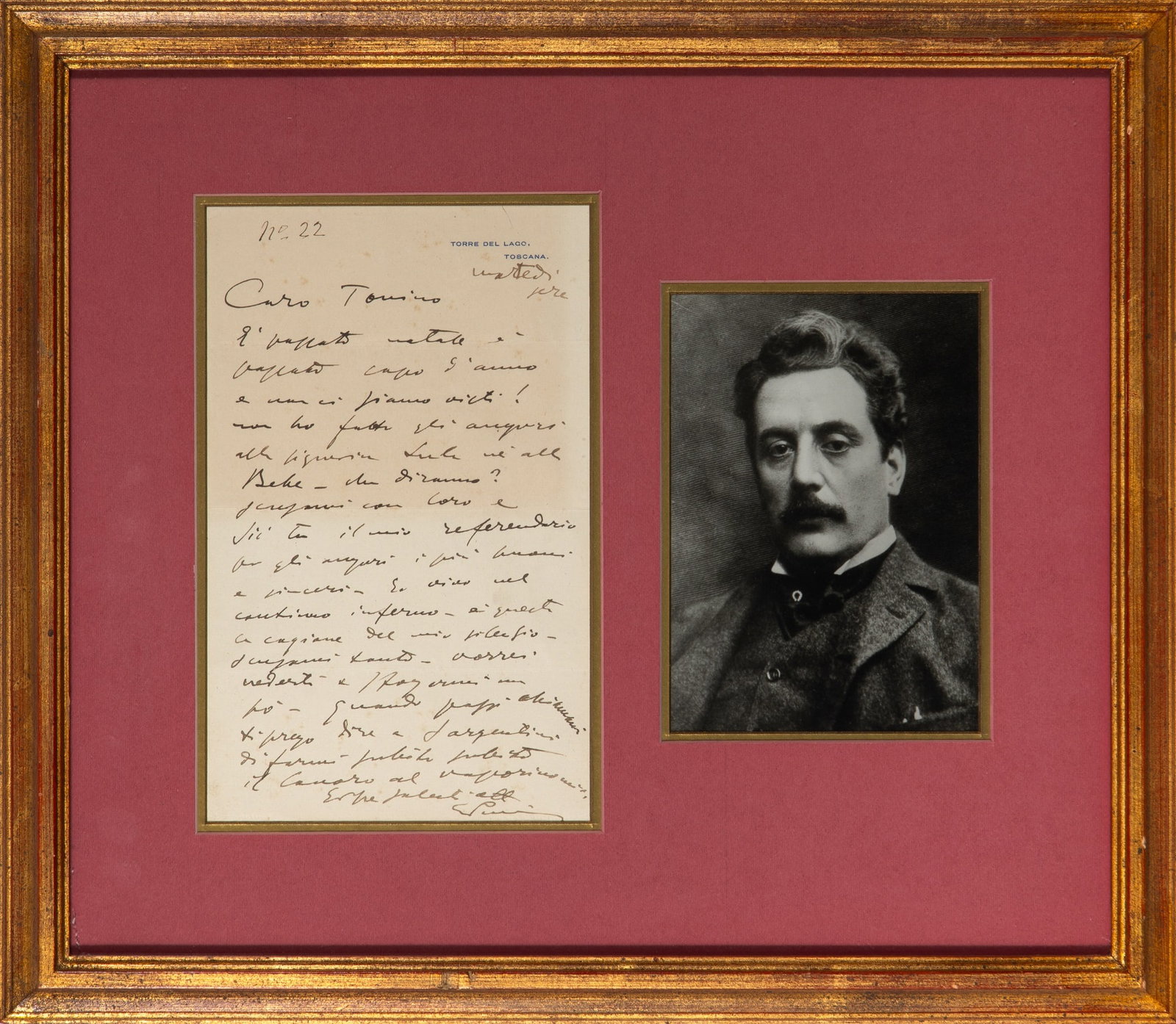 A letter from Puccini in "hell" in the midst of scandal: GIACOMO PUCCINIAutograph letter signed. Torre del Lago, Tuscany, January 6, 1909. One sheet on Puccini's Torre del Lago stationery, addressed and with a postage stamp on the verso, framed together