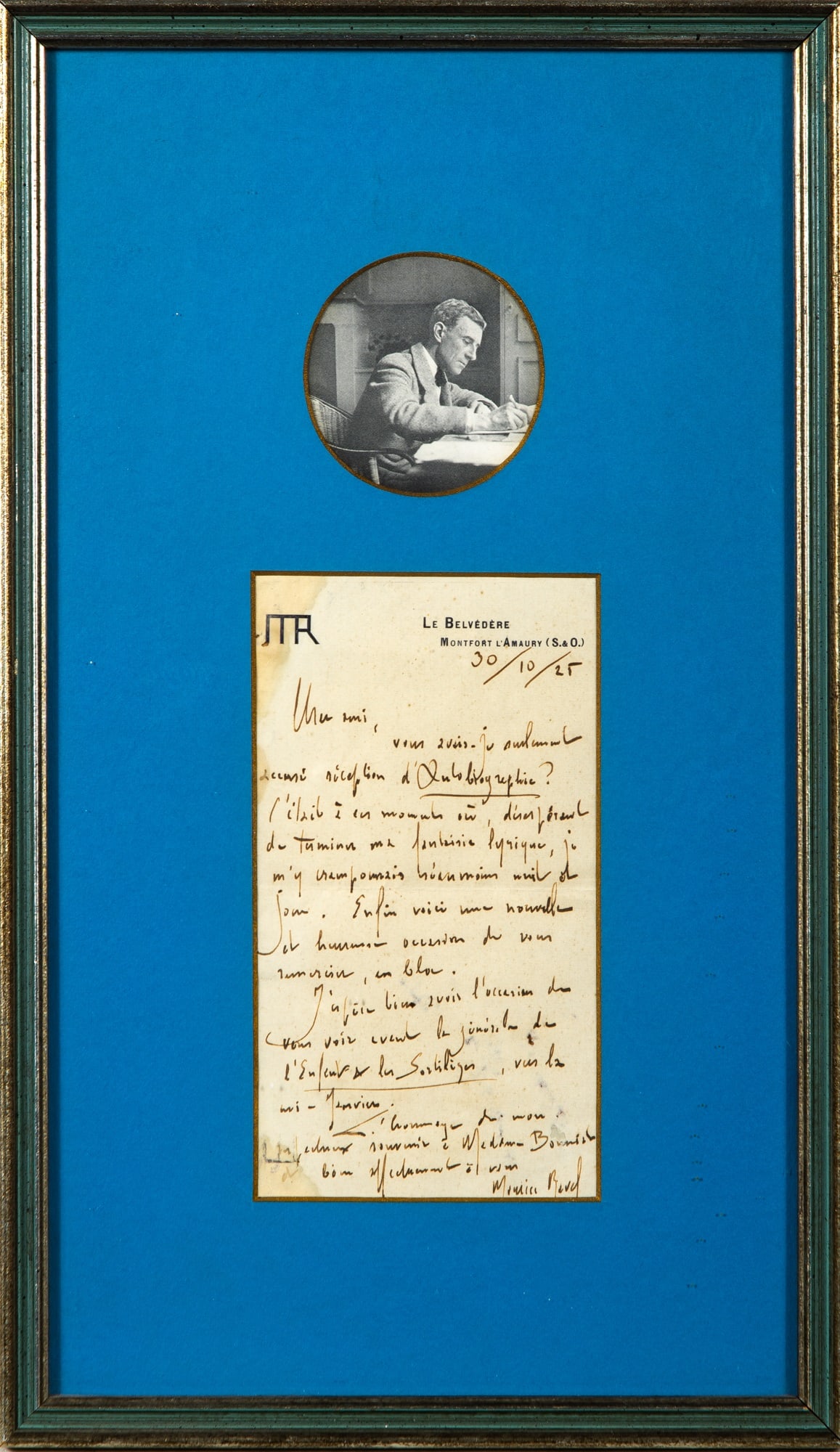 Ravel writes to his friend Dr. Bonniot: RAVEL, MAURICEAutograph letter signed, likely to Dr. Edmond Bonniot. Le Belvédere, Montfort-l'Amaury: 30 October, [19]25. 7 1/4 x 4 inches (18.5 x 10.5 cm); 12 lines in black ink plus date,