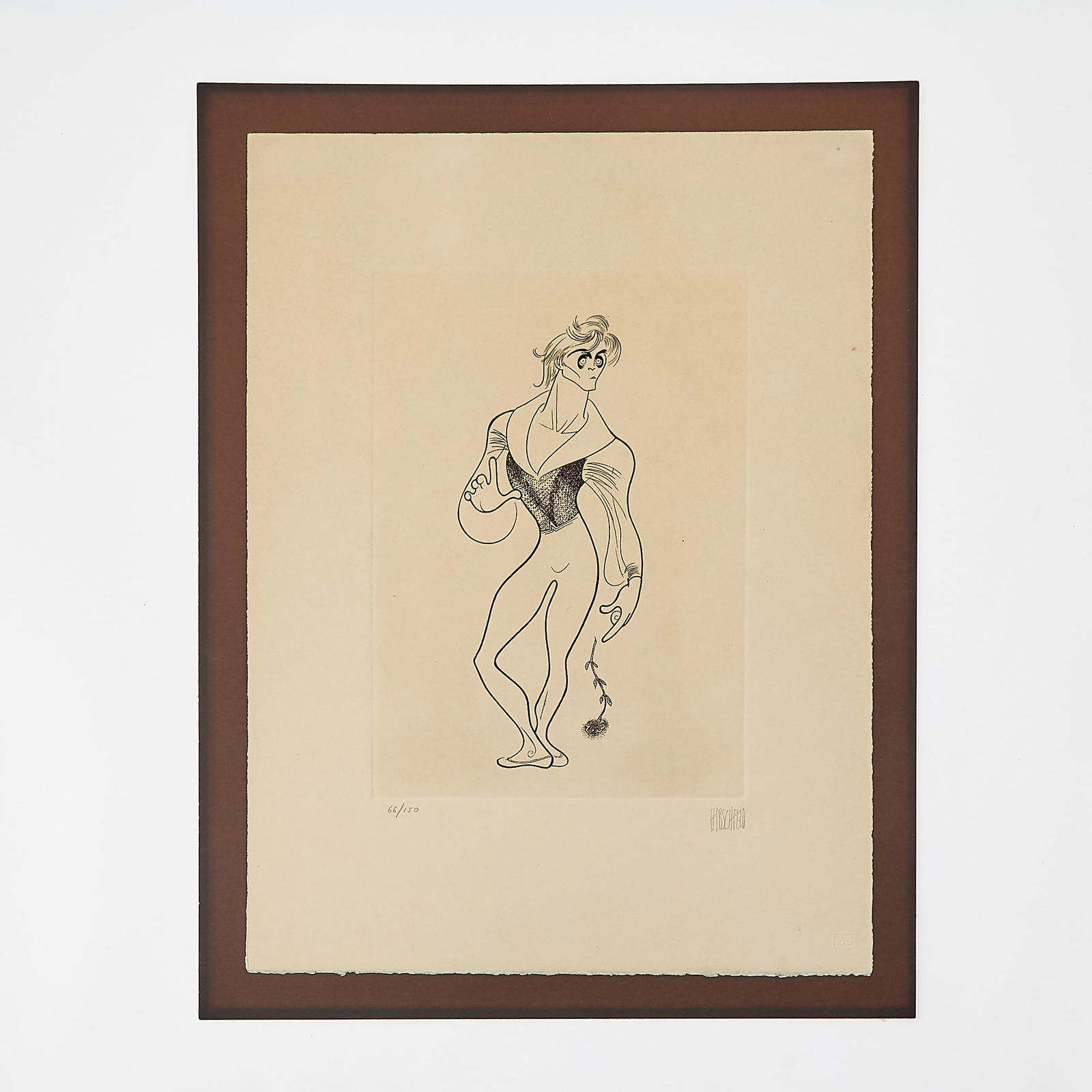 Al Hirschfeld signed limited etching of Mikhail Baryshnikov: AL HIRSCHFELD Limited edition etching by Al Hirschfeld of classical dancer Mikhail Baryshnikov. Numbered 66/150 and signed in pencil. Mounted to large card at head. Not framed. 20 1/4 x 15 inches