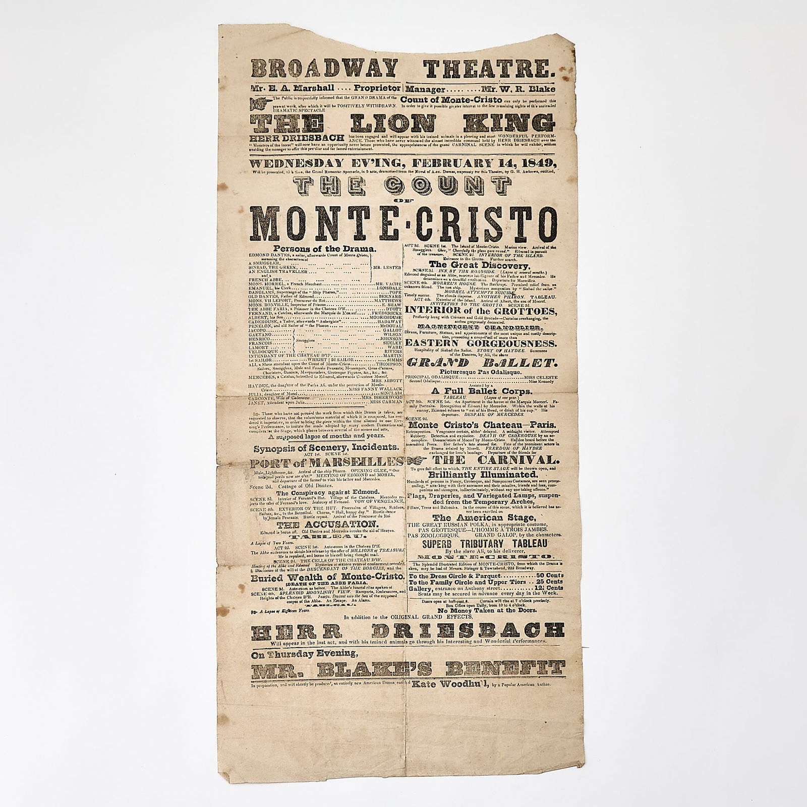 A collection of New York theatre broadsides: [BROADSIDES]Approximately 22 New York City theatre broadsides and handbills. New York: Brooklyn Academy of Music, Broadway Theatre, etc., 1849-1870s. The largest (Broadway Theatre, February 14, 1849)