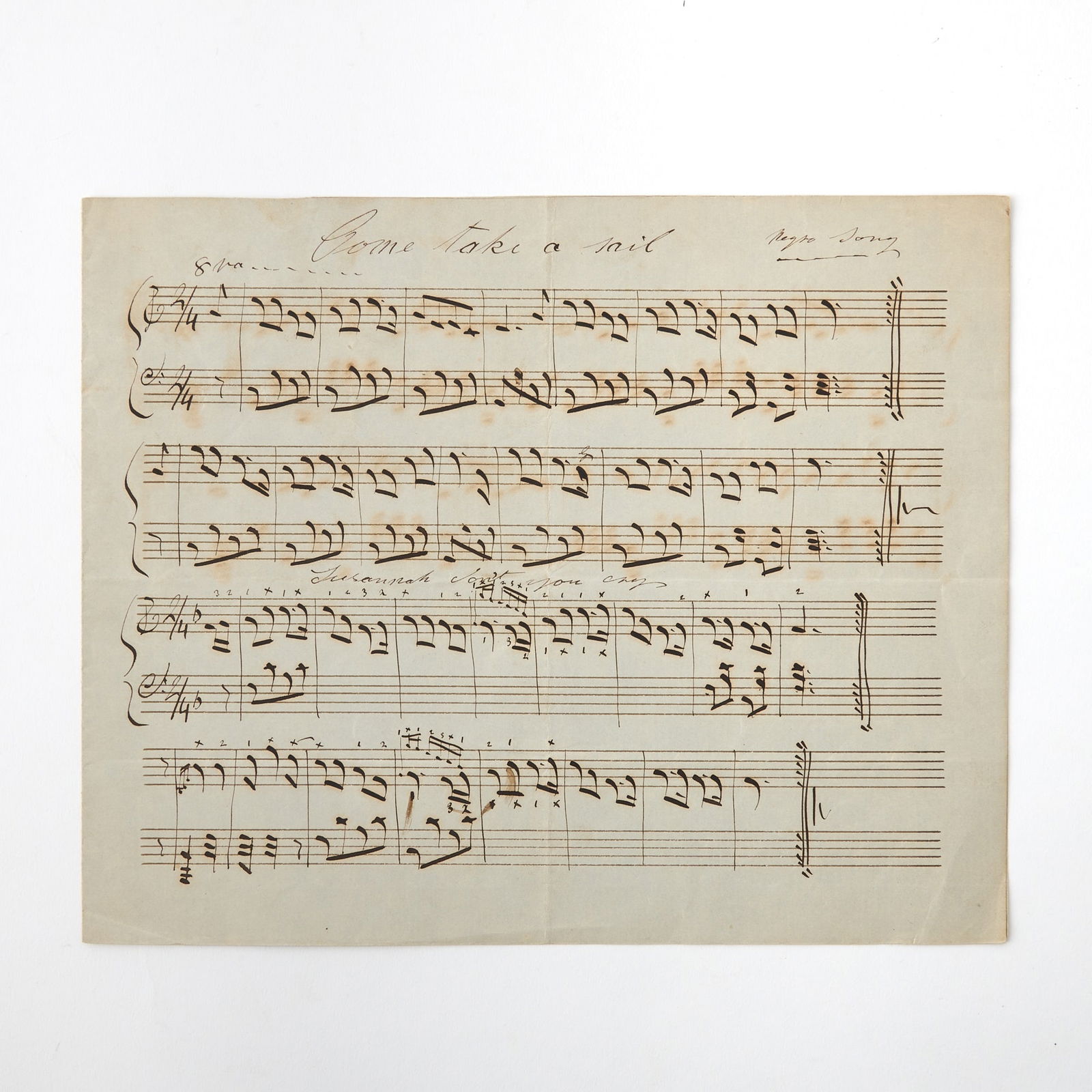 An early manuscript of three of Stephen Foster's best-known songs: [STEPHEN FOSTER]Manuscript with music from three folk songs by Stephen Foster, including "Come Take a Sail," "Susannah Don't You Cry" ("Oh Susannah"), and "Old Folks at Home" ("Swanee River"). [No