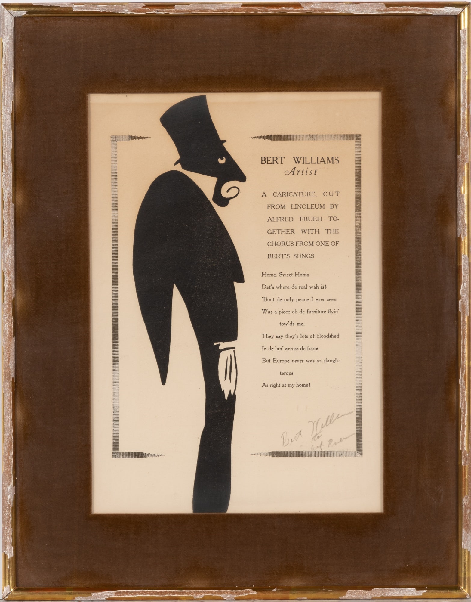 A caricature signed by Bert Williams: WILLIAMS, BERTSigned caricature. The image after the caricature by Al Frueh, with printed text, inscribed by Williams in pencil at lower right. 11 1/2 x 8 inches (30 x 20 cm); framed. Not examined
