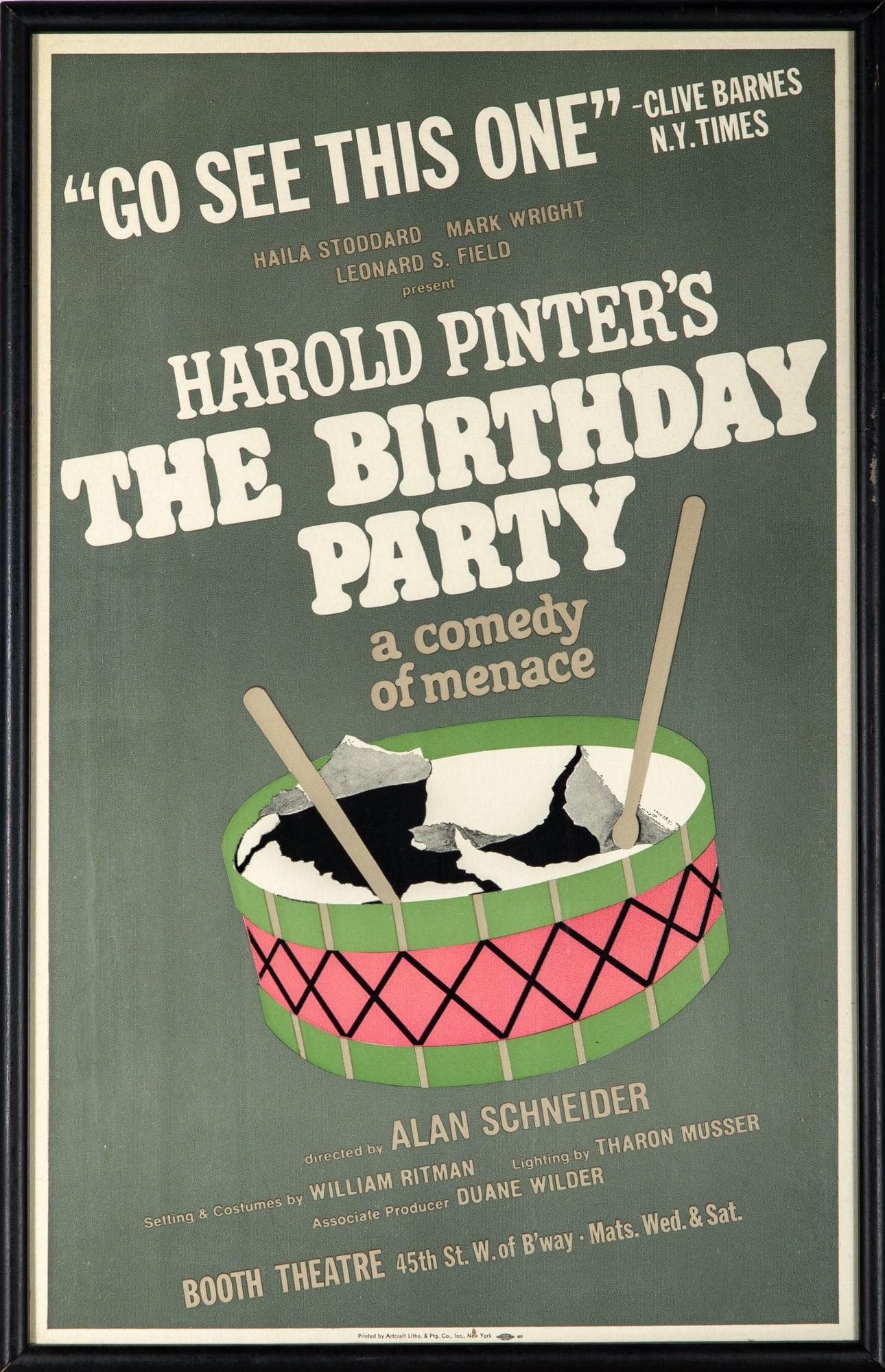 Original poster for Harold Pinter's The Birthday Party, directed by Alan Schneider: HAROLD PINTERAn original poster for Harold Pinter's The Birthday Party, directed by Alan Schneider. New York: Printed by Artcraft Litho and Ptg Co., [1967]. Printed color lithograph, 22 x 14 inches