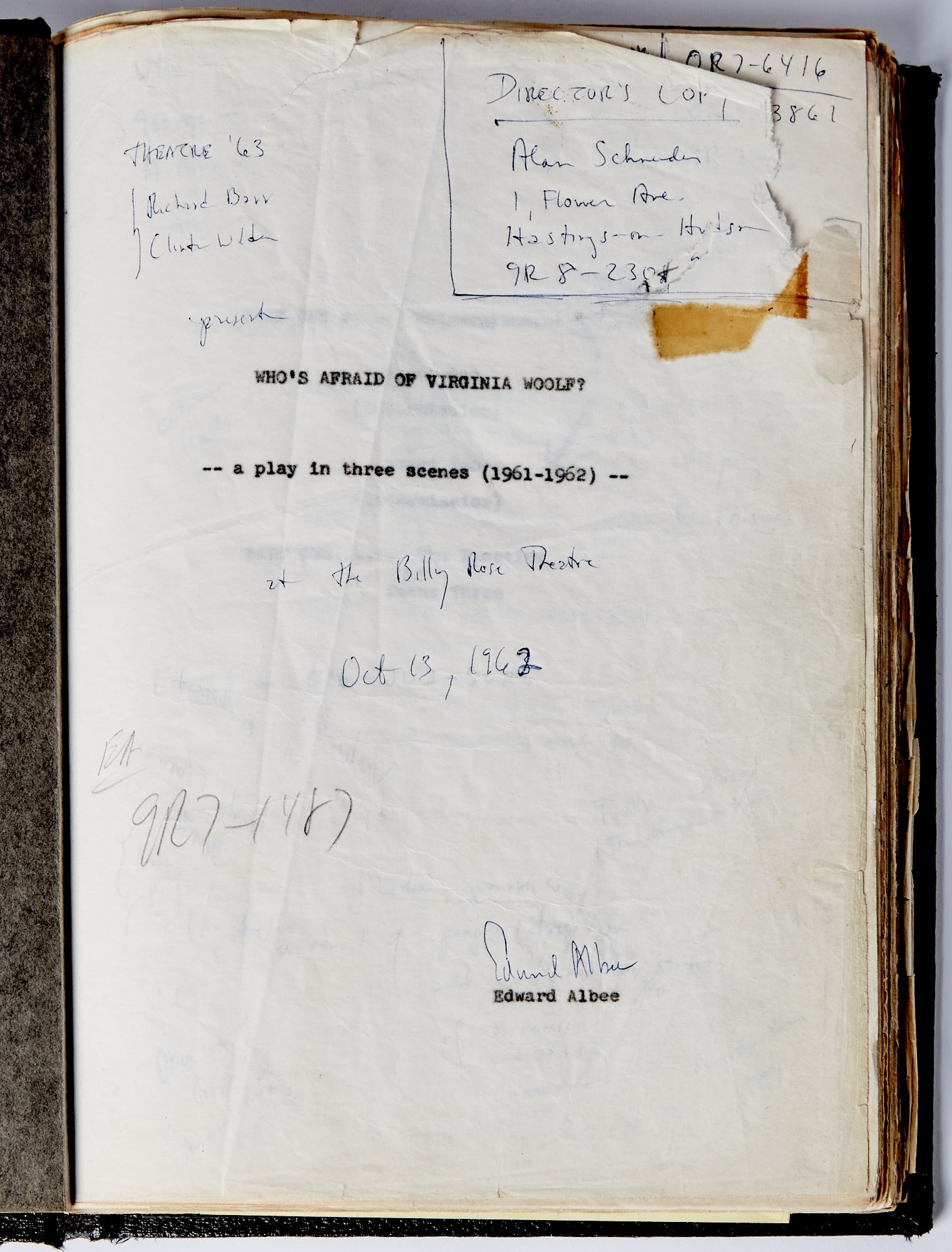 The director's annotated script from the premiere of Who's Afraid of Virginia Woolf?: EDWARD ALBEEWho's Afraid of Virginia Woolf? a play in three scenes. 1961-1962. Original script heavily annoated by director Alan Schneider and signed on the title leaf by plauwright Edward Albee.