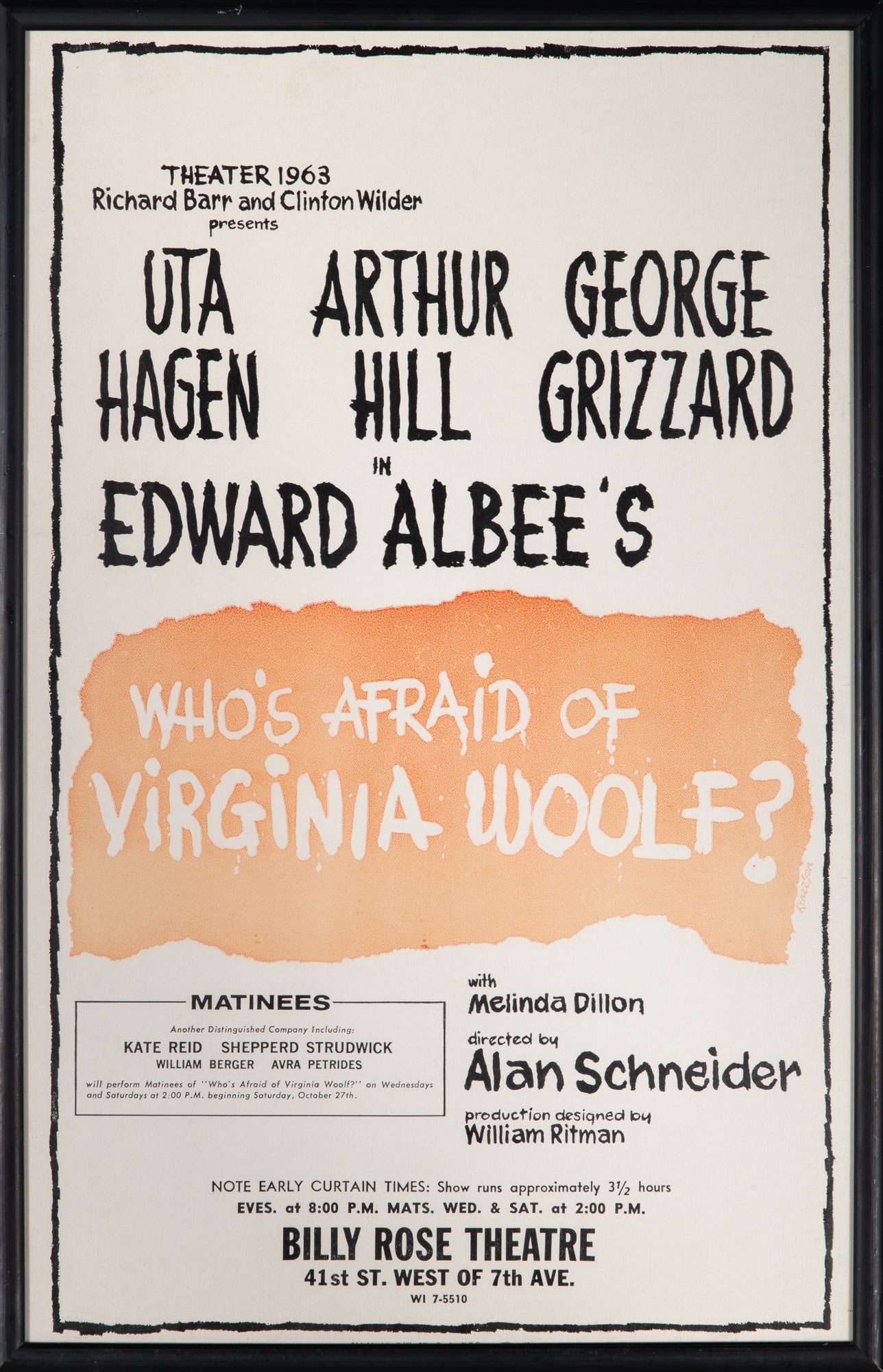 Original poster for Edward Albee's Who's Afraid of Virginia Woolf?: EDWARD ALBEEOriginal poster for Who's Afraid of Virginia Woolf? at the Billy Rose Theatre. [New York: 1963]. Color printed poster, 22 x 14 inches (56 x 36 cm). Some fading and faint dust soiling. Not