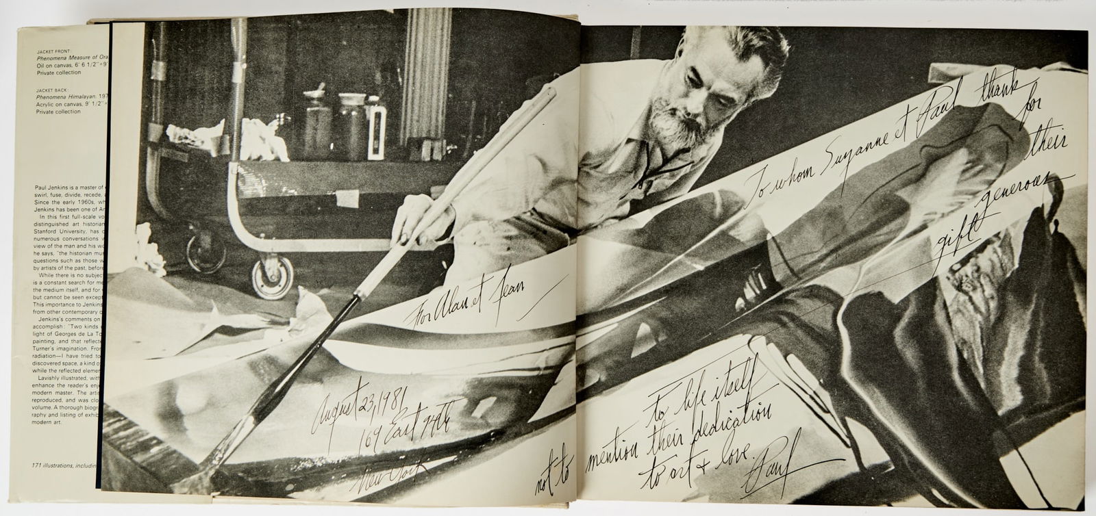 Paul Jenkins monograph inscribed to Alan Schneider: JENKINS, PAUL; [ELSEN, ALBERT E.] Paul Jenkins. New York: Harry N. Abrams, [1973]. Inscribed. Hardcover, in dust jacket. 11 x 12 inches (28 x 30 cm). Soiling to dust jacket, some soiling to edges of