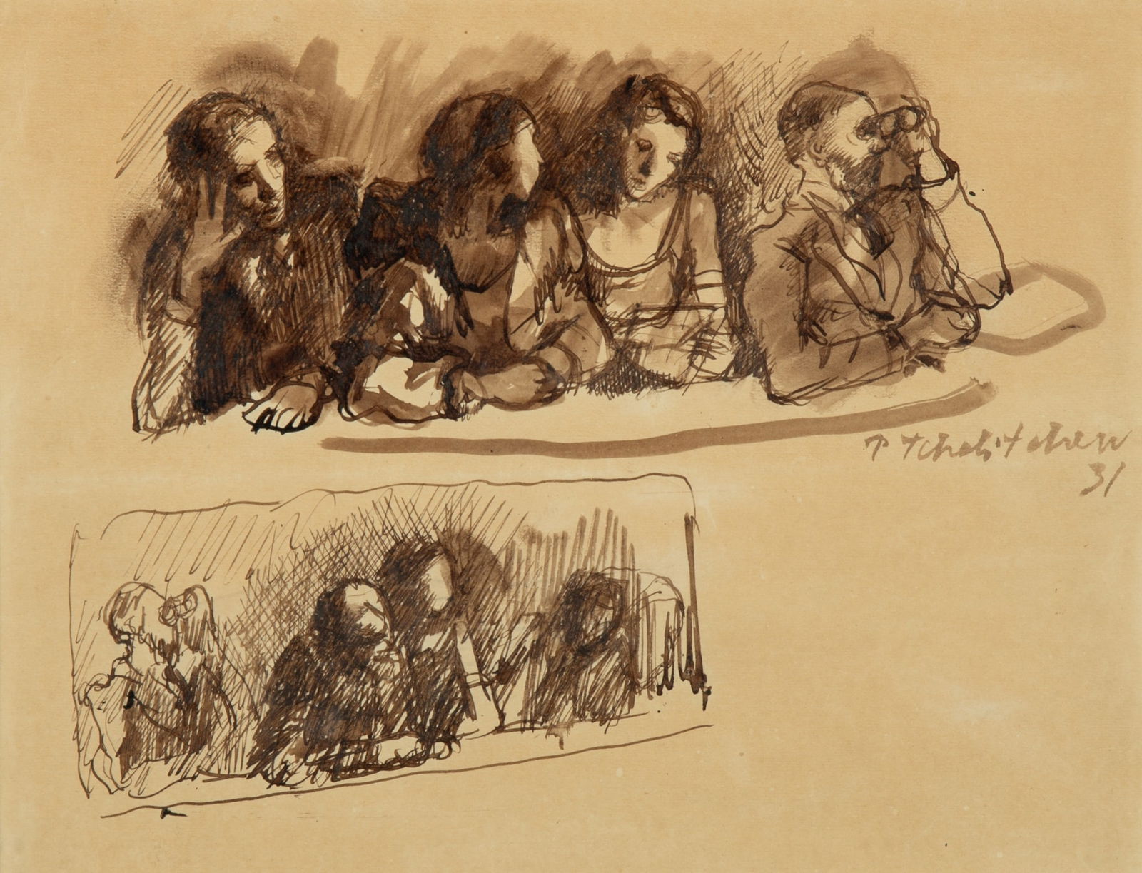 Pavel Tchelitchew: Russian, 1898-1957 La Loge, 1931 Signed and dated P Tchelitchew 31 (lr) Ink on paper 8 1/4 x 10 1/2 inches (21 x 26.7 cm) Provenance: Collection of Glenway Wescott, Rosemont, New Jersey Catherine