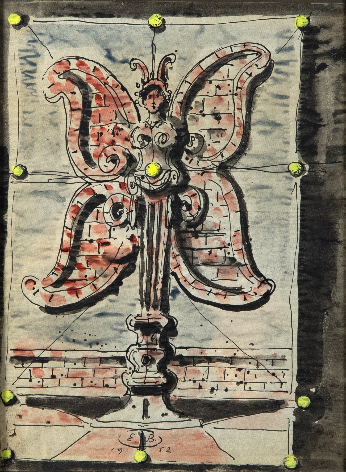 Eugene Berman: Russian/American, 1899-1972 Untitled (Butterfly), 1952 Initialed and dated E.B. 1952 (lc) Watercolor and ink on paper Sight 11 1/4 x 8 1/4 inches (28.6 x 21 cm) (Framed 14 1/2 x 12 inches) In