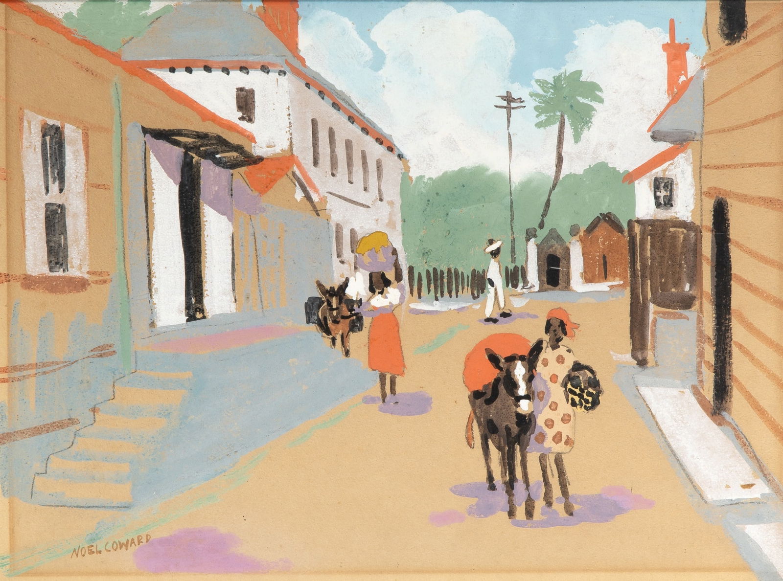 Sir Noel Peirce Coward: English, 1899-1973 Going to Market Signed Noel Coward (ll) Gouache on board 12 x 16 inches (30.5 x 40.6 cm) (Framed 14 1/8 x 18 inches) Light-stained and mat-stained.