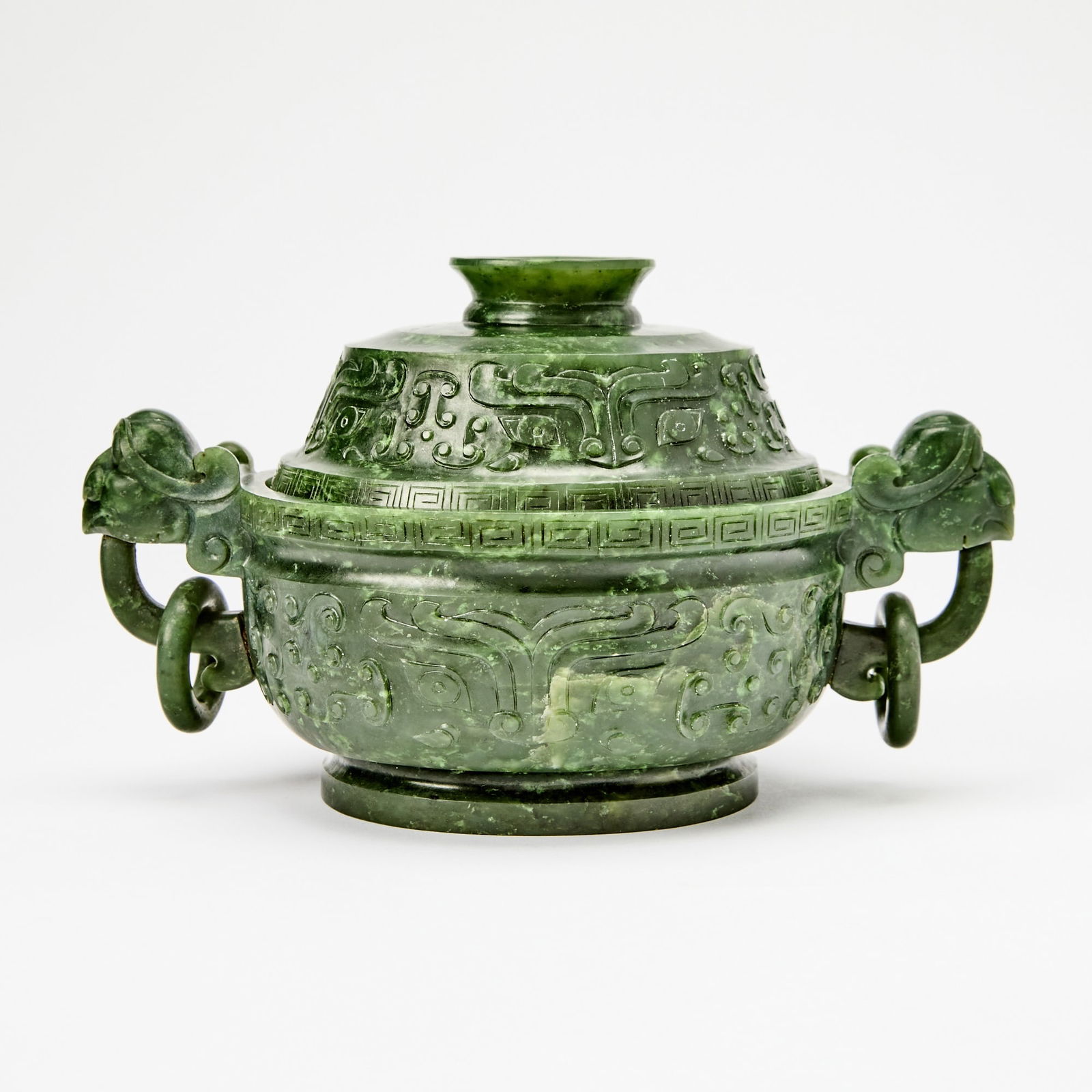 A Chinese Archaistic Spinach Jade Censer and Cover 18th-19th Century (1 of 6)