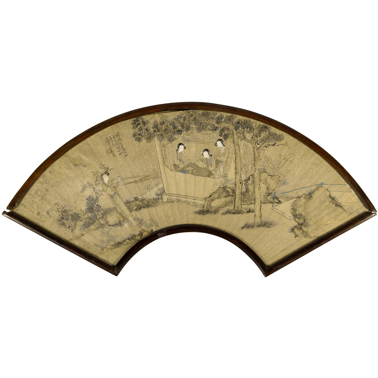 A Chinese Fan Painting Signed Yun Zhu, Qing Dynasty: Ink and color on paper, depicting an assemblage of lady historians studying in a riverside architecture beneath pine trees, the reverse inscribed with four Chinese poems; fitted with a hardwood frame.