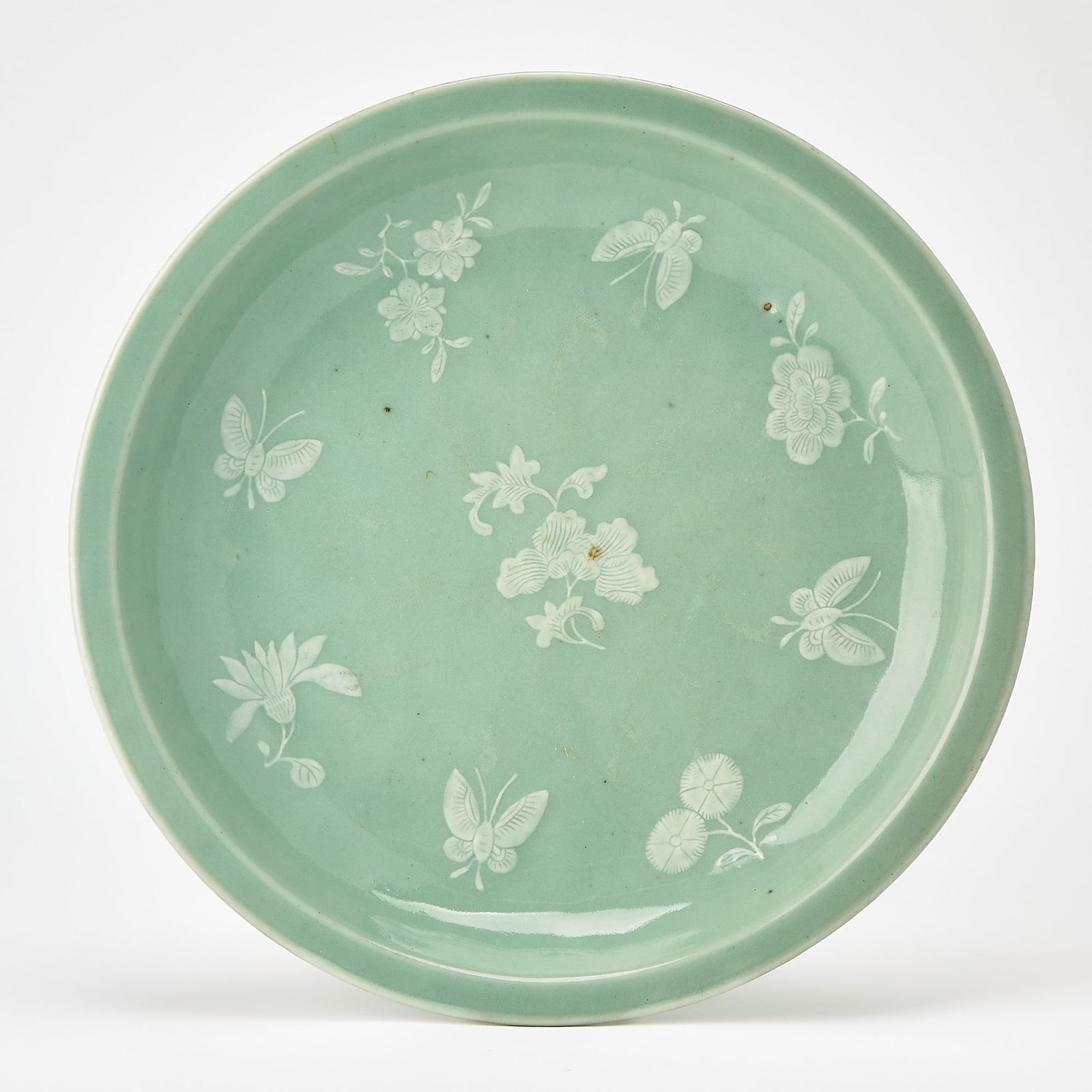 A Chinese Slip-Decorated Celadon Glazed Porcelain Footed Dish Qianlong Mark, Qing Dynasty (1 of 4)
