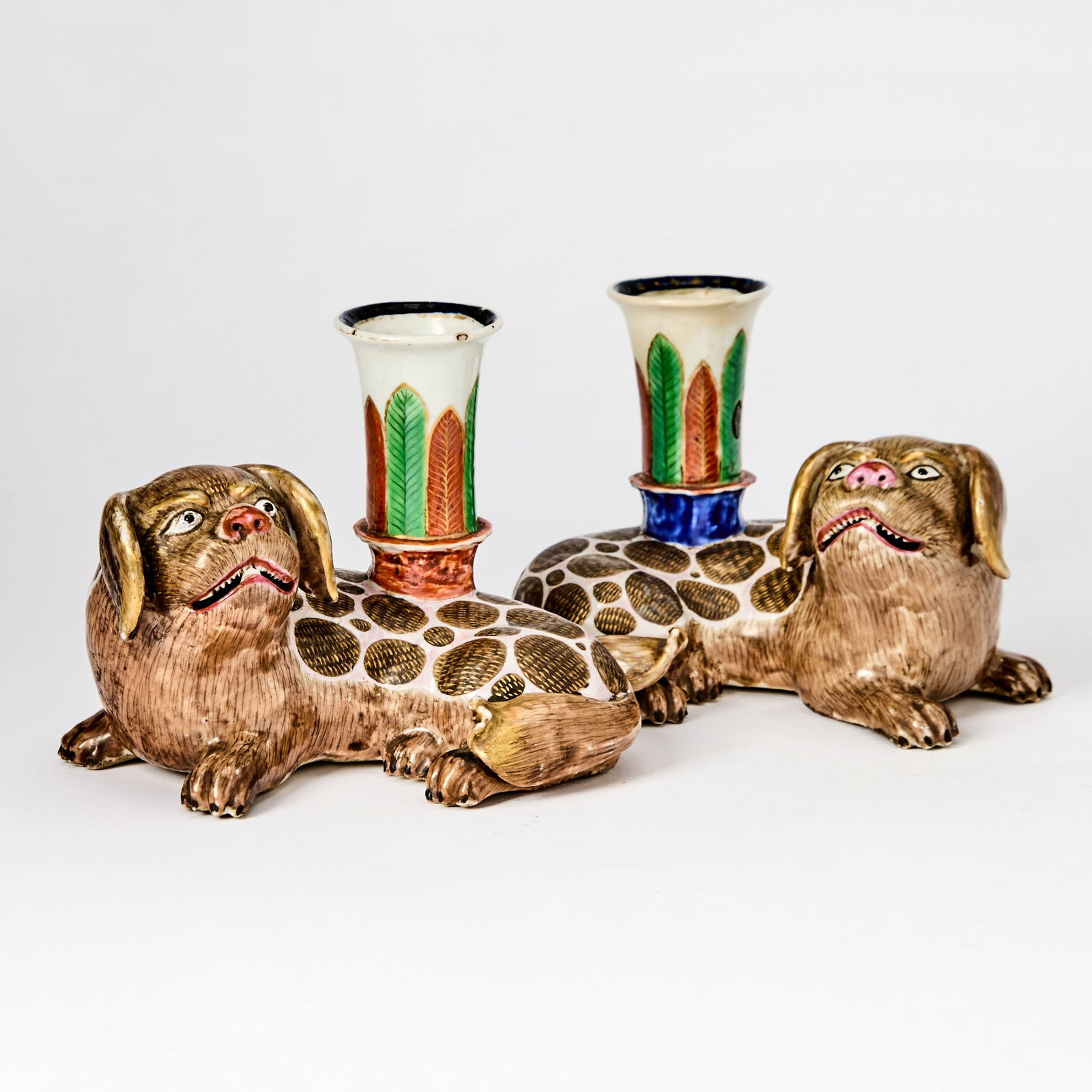 A Mirrored Pair of Chinese Enameled Porcelain Fu Dog Candle Holders 18th Century (1 of 5)
