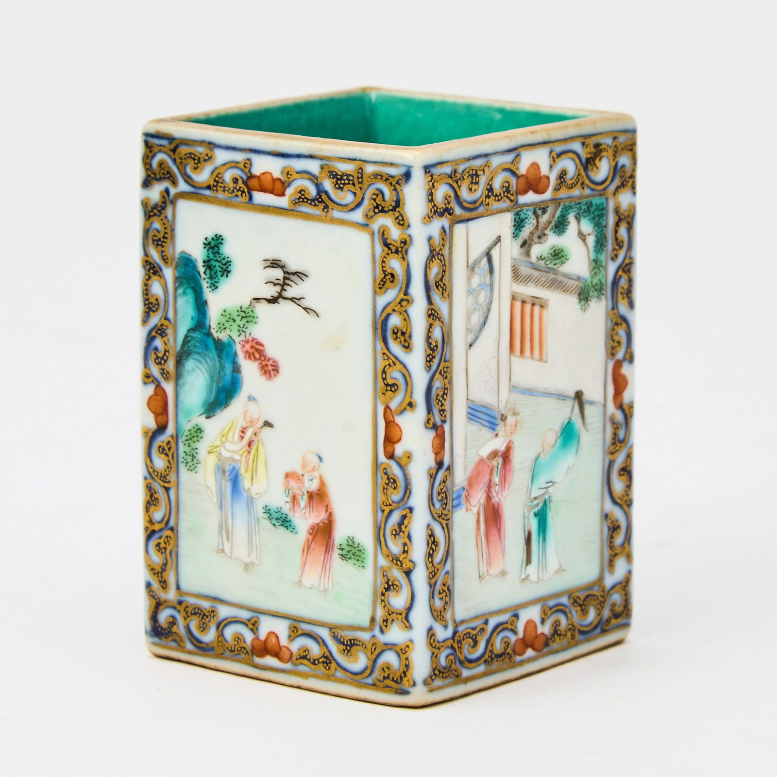 A Chinese Diminutive Enameled Porcelain Square-Form Brush Pot Qianlong Four-Character Mark and of (1 of 5)