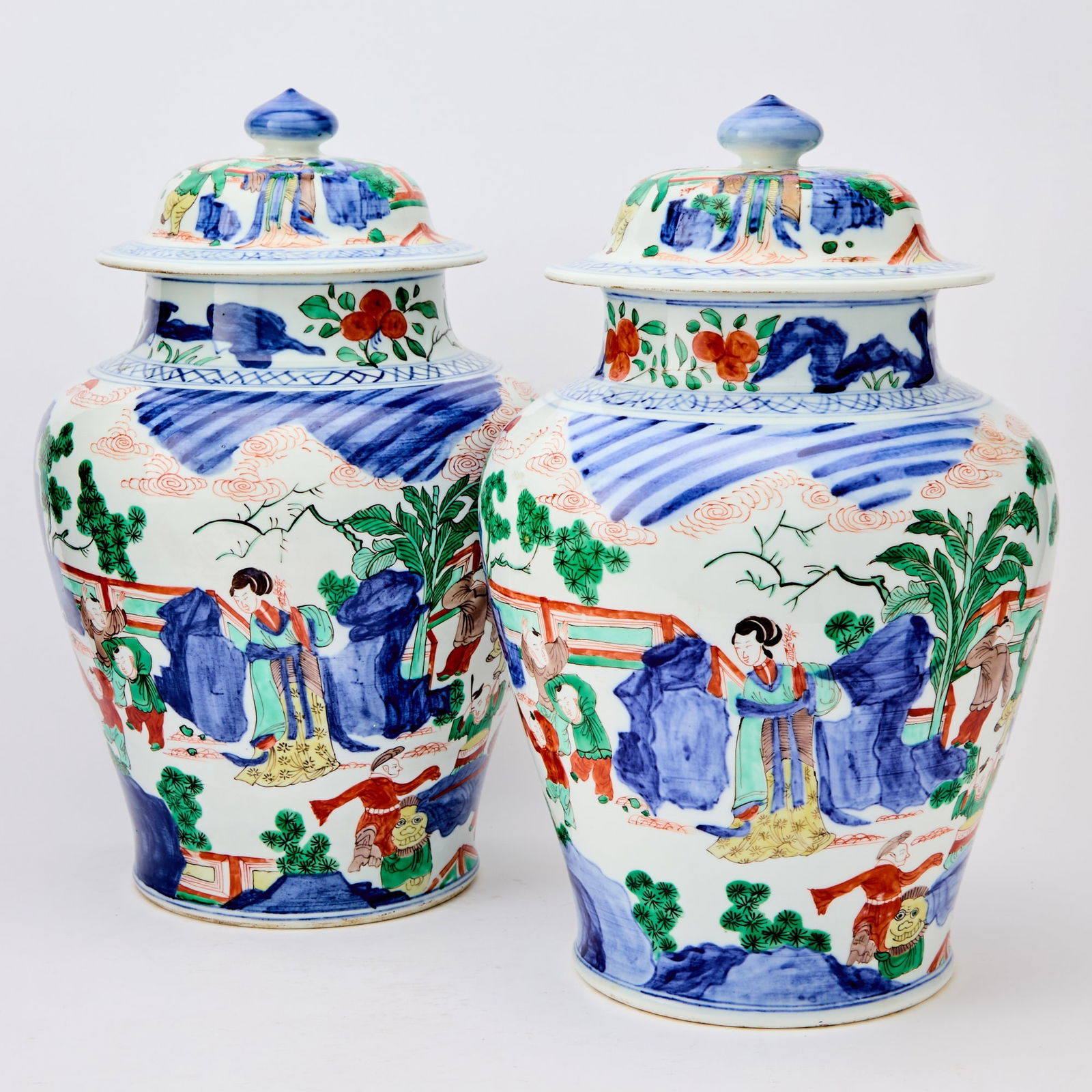 A Pair of Chinese Wucai Porcelain Jars and Covers Qing Dynasty (1 of 5)