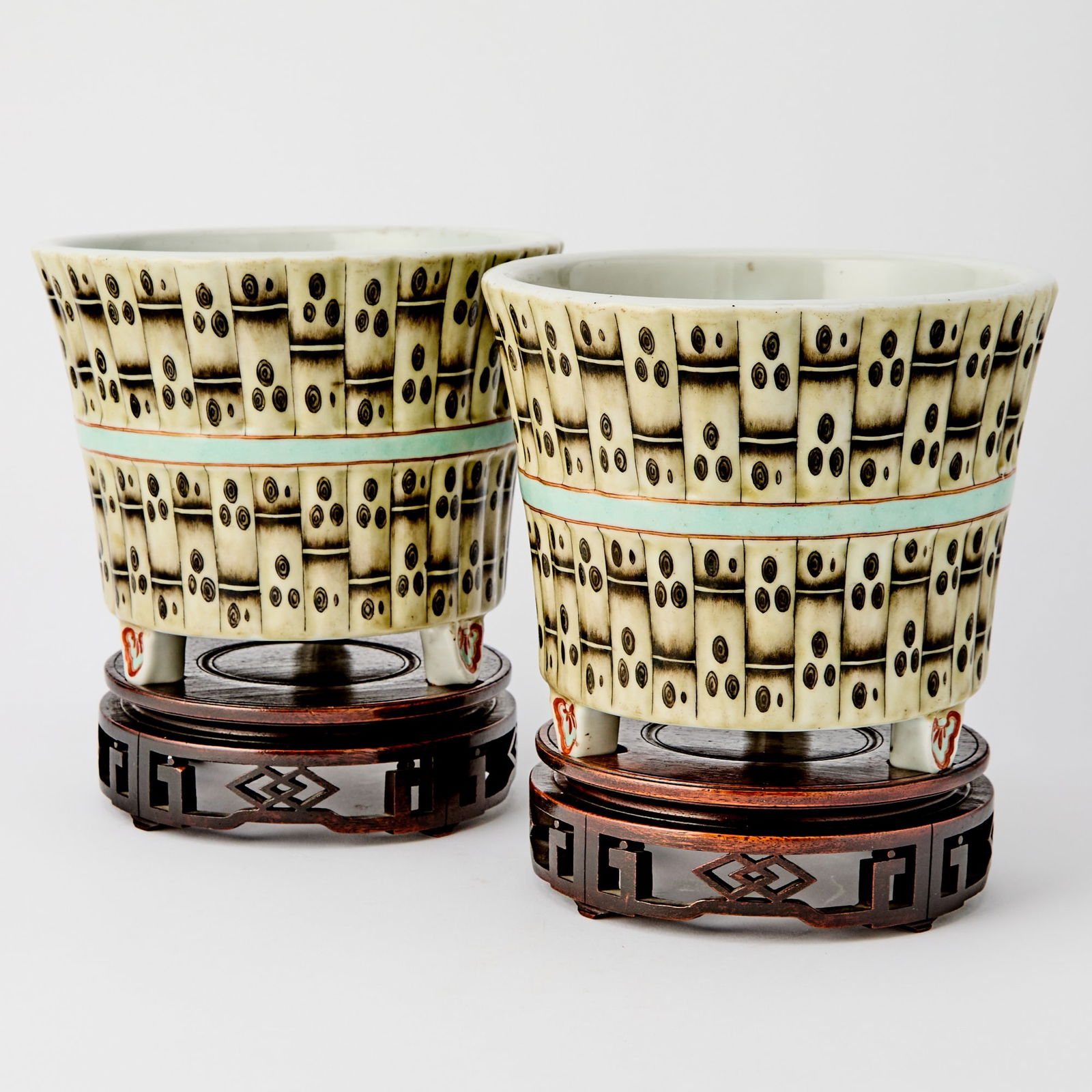 A Pair of Chinese Faux Bamboo Enameled Porcelain Planters Jing Wei Tang Marks, Republic Period (1 of 5)