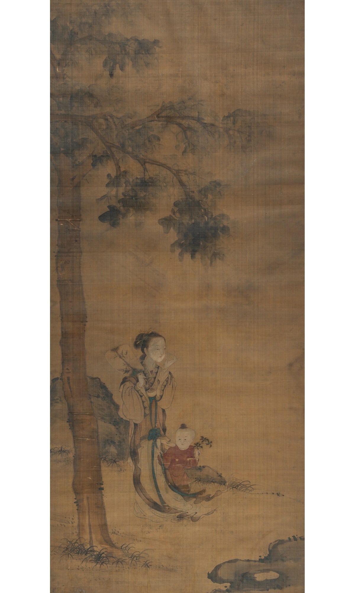 A Chinese School Painting 19th century: Ink and color on silk, depicting a meiren holding a fan with child, framed. (Sight Height 39 1/2 inches, width 17 1/4 inches.)