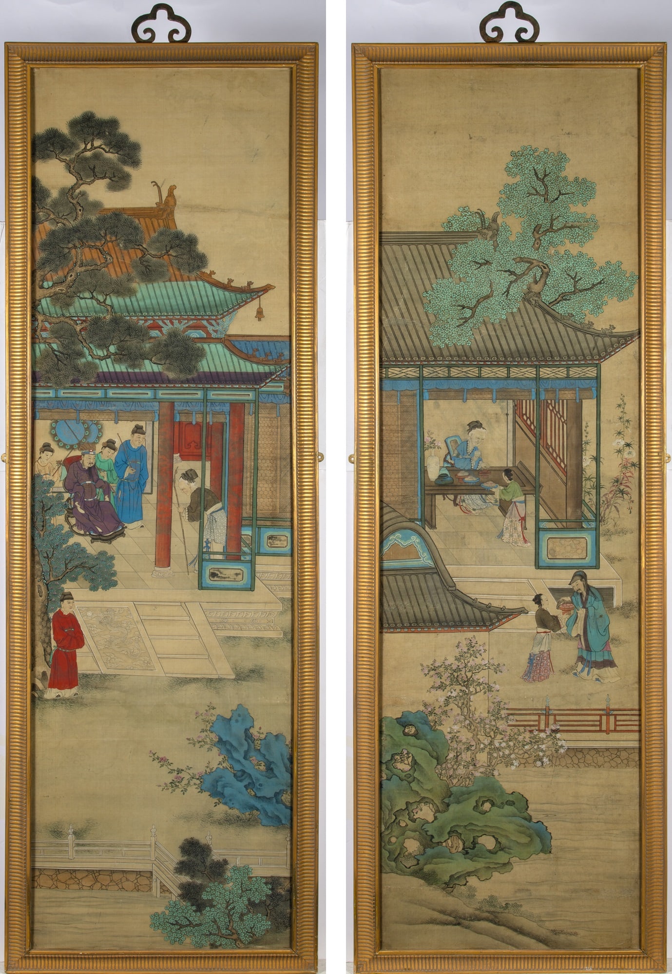 Two Chinese School Paintings Late Qing Dynasty: Ink and color on silk. Each depicting figures in garden pavilions amid rockwork and trees. Framed. (Sight 20 1/2 x 69 1/2 inches)
