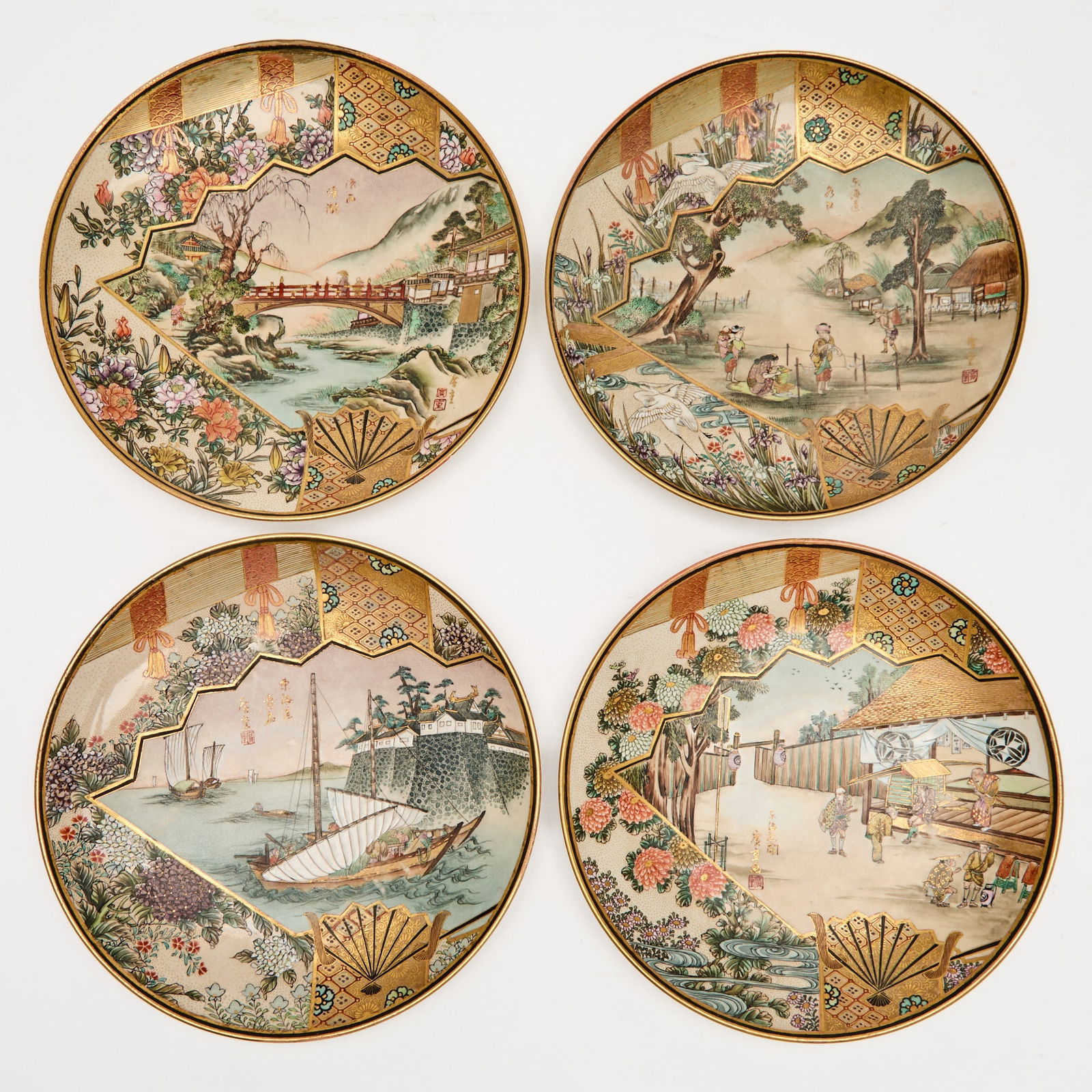 Four Japanese Satsuma Earthenware Dishes Signed Satsuma Ryokuzan Zo, Meiji Period (1 of 4)