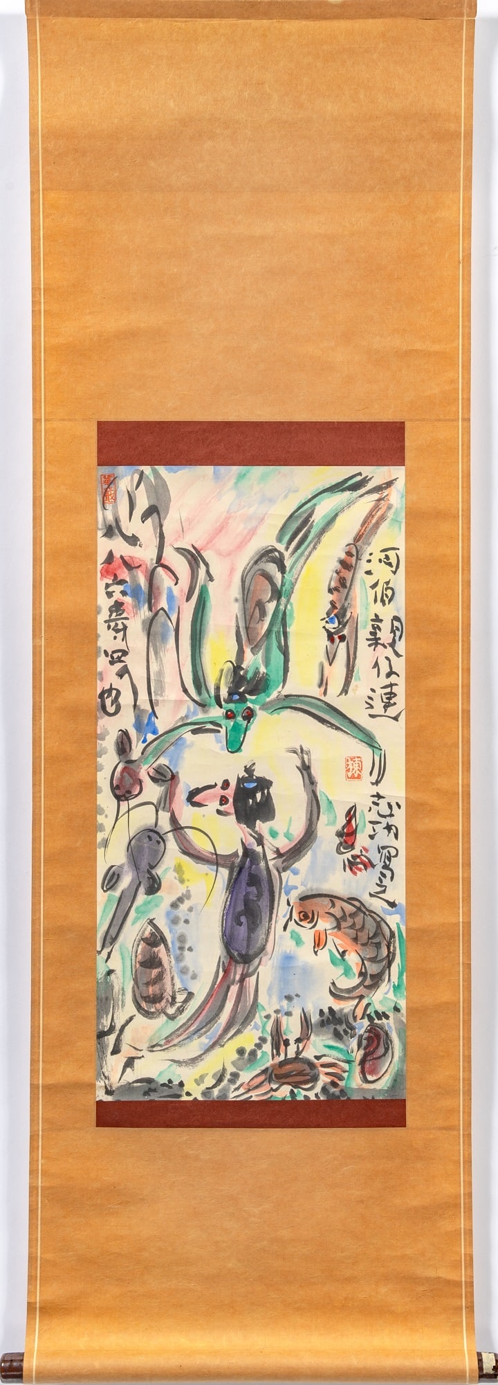 A Japanese Painting attributed to Shiko Munakata (1926-1989) Showa Period: Ink and color on paper; signed and stamped; mounted as a hanging scroll. (Sight 12 x 25 inches)