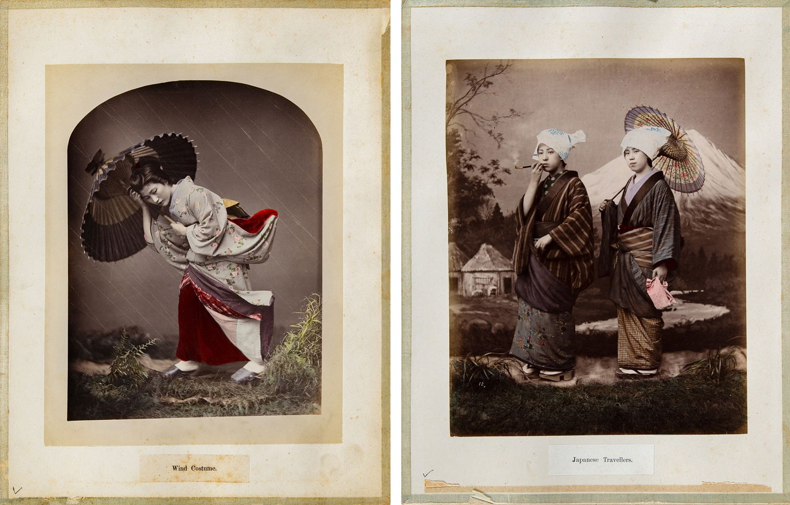 A Portfolio of Japanese Photographs Meiji Period, circa 1890: Comprising 11 tinted, commercially-produced albumen printed views of Japan and studies of Japanese figural subjects. (Most approx 10 x 8 inches)