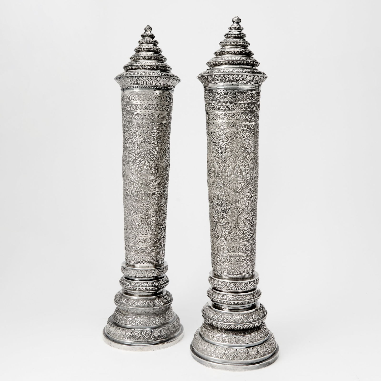 A Pair of Thai Silver Cylindrical Vases and Covers 19th century (1 of 6)