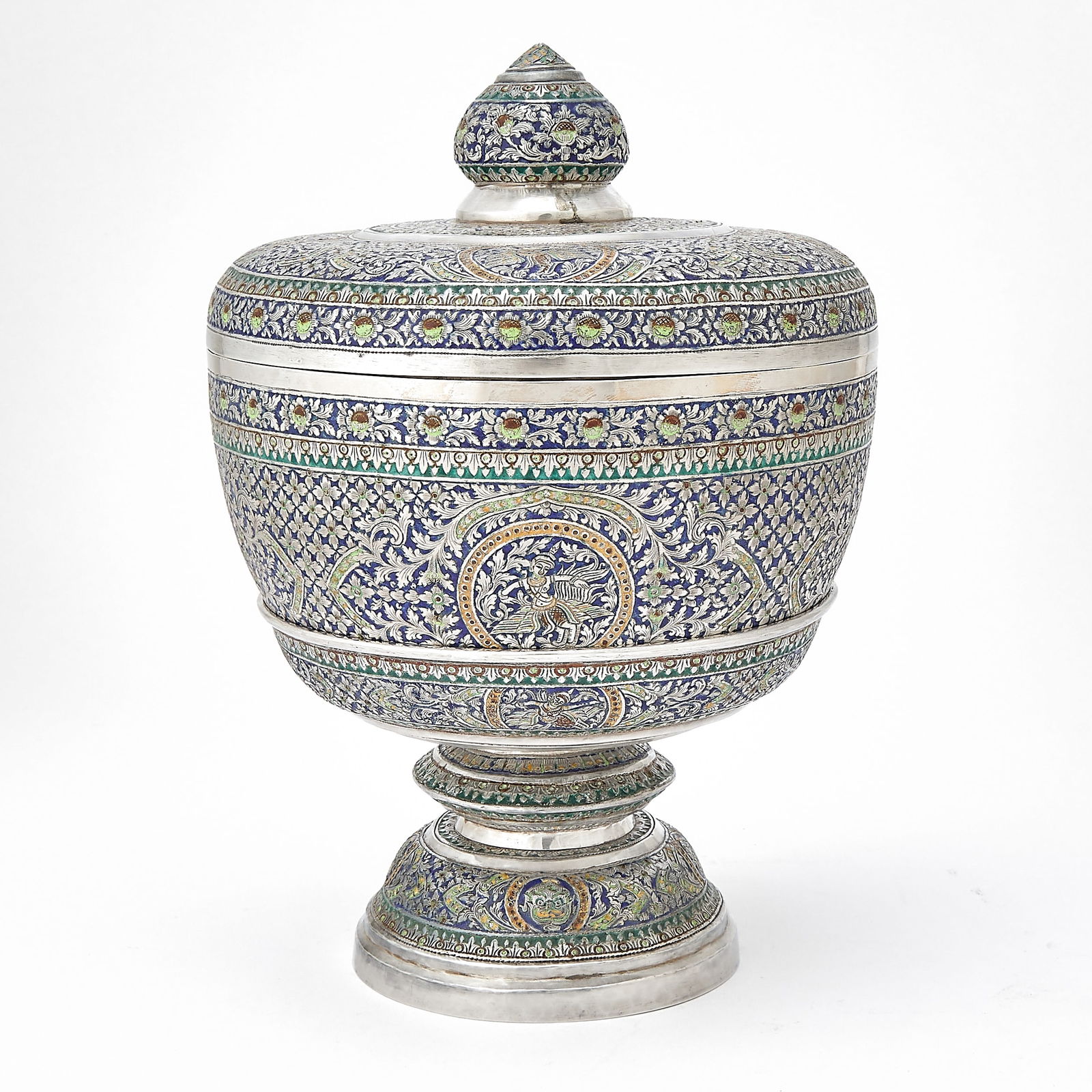 A Fine Thai Silver and Enamel Pedestal Bowl and Cover 19th-20th Century (1 of 7)