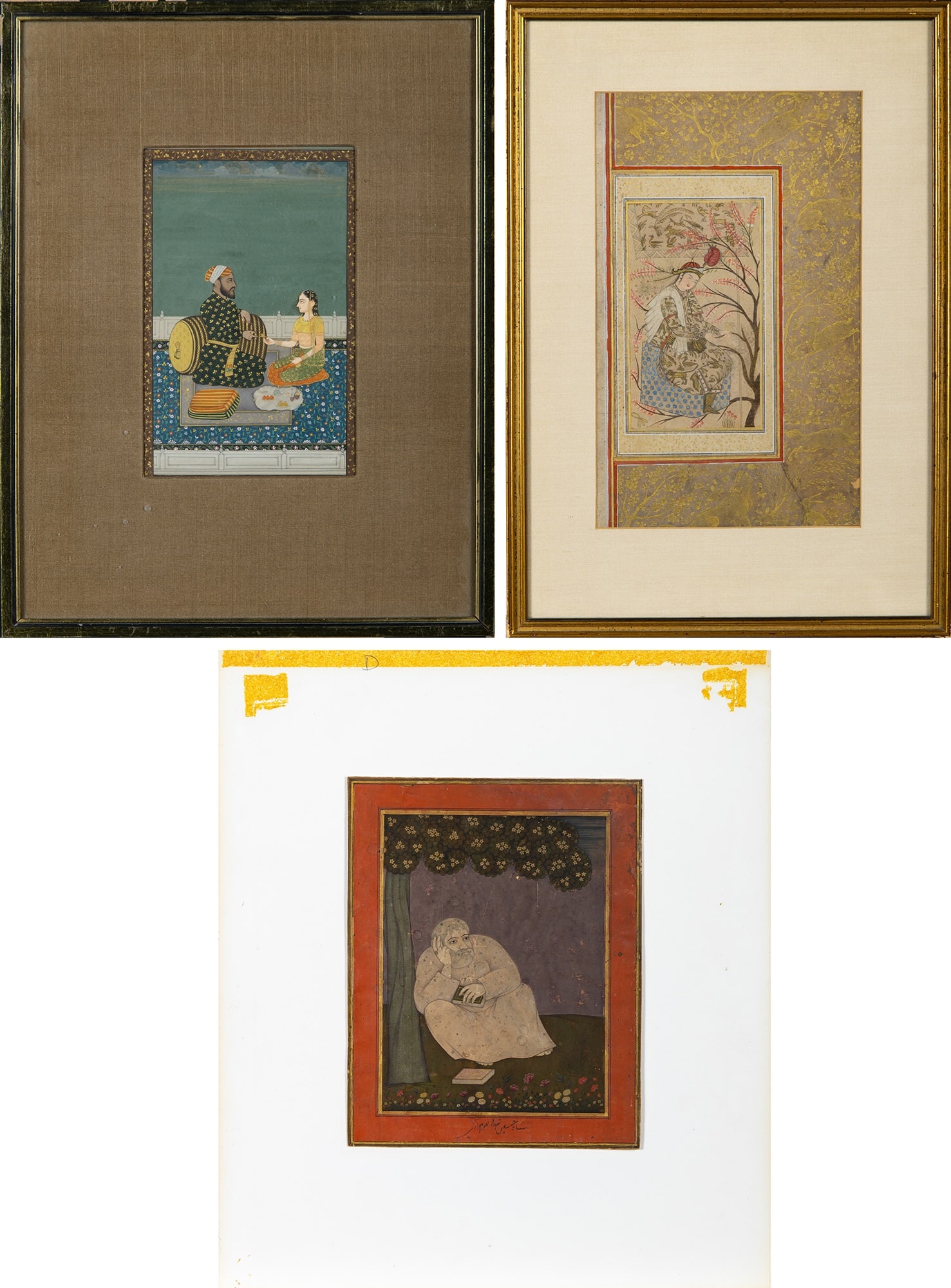 Three Indian School Painted Miniatures 19th century: Gouache on paper; depicting figural subjects. (Sight of largest 11 1/4 x 7 inches)