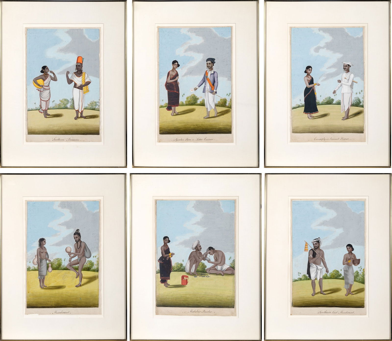 A Group of Six Indian Illustrations of Caste, Trades and Occupations Company School, Tanjore,: Watercolor heightened with gold on paper. (Sight 15 x 9 3/4 inches)