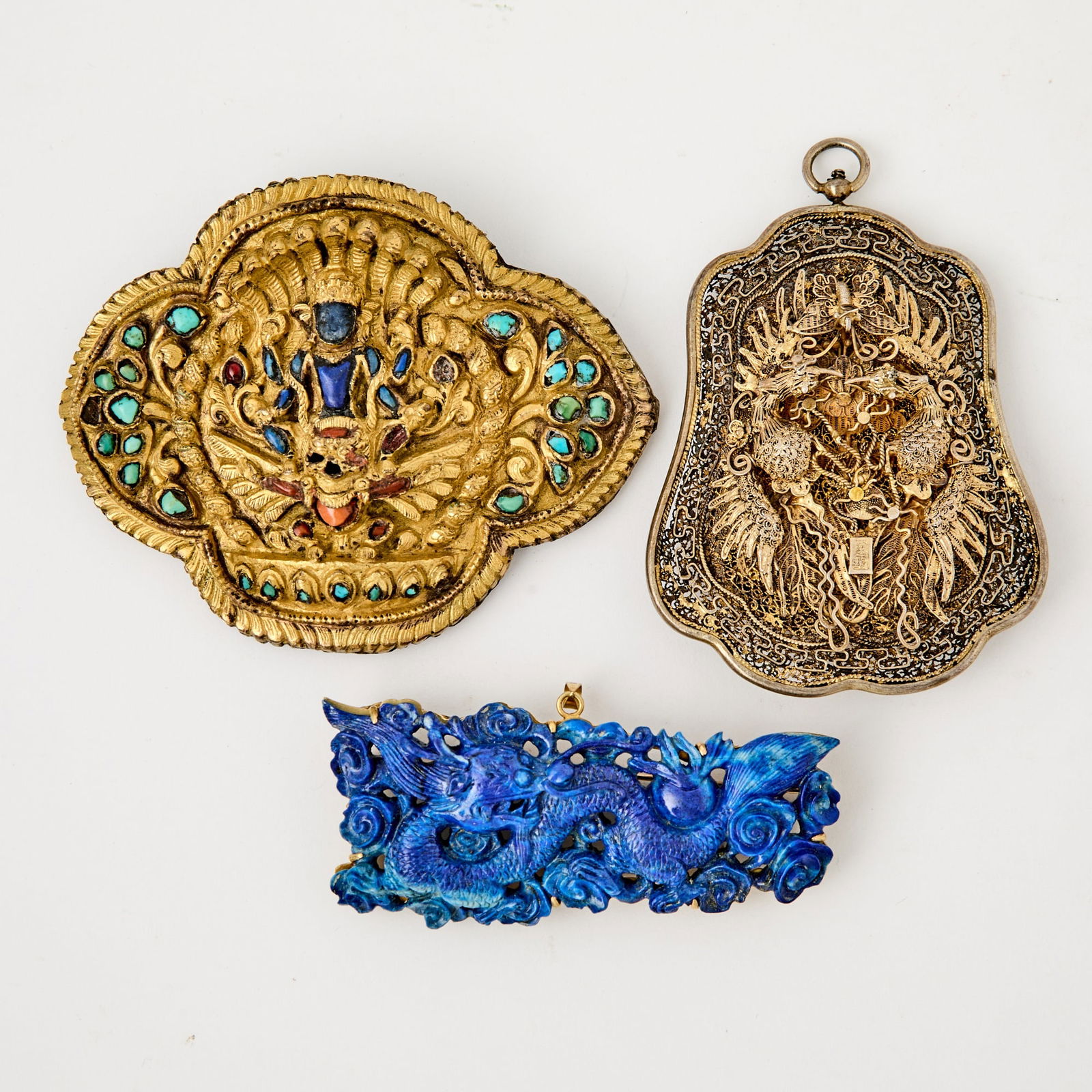 Three Chinese and Tibetan Metal and Hardstone Pendants 19th Century (1 of 6)