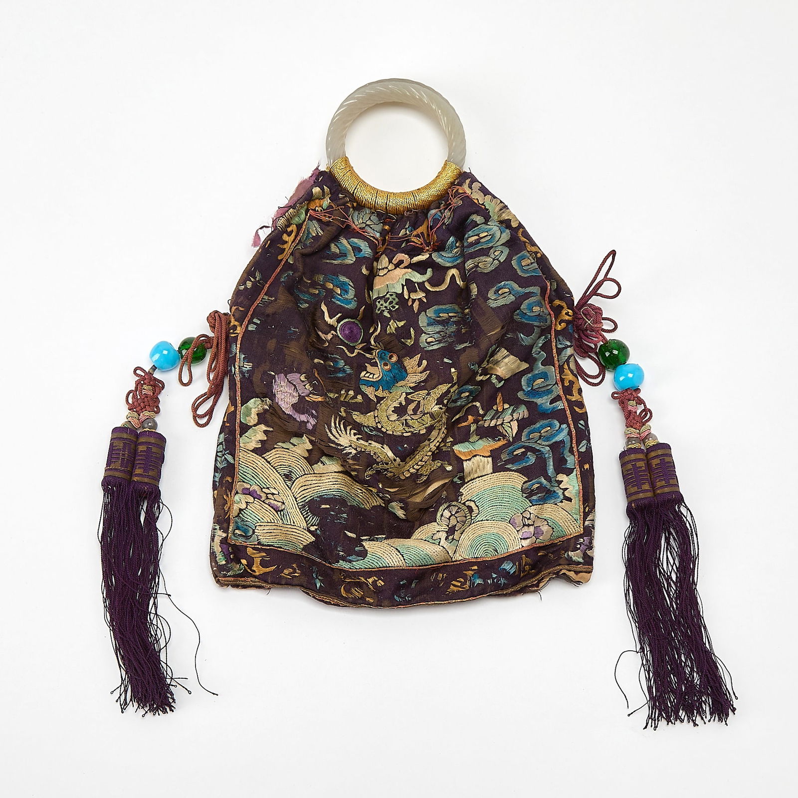 A Chinese Embroidered Silk Pouch with Jade Handles Late Qing Dynasty (1 of 5)