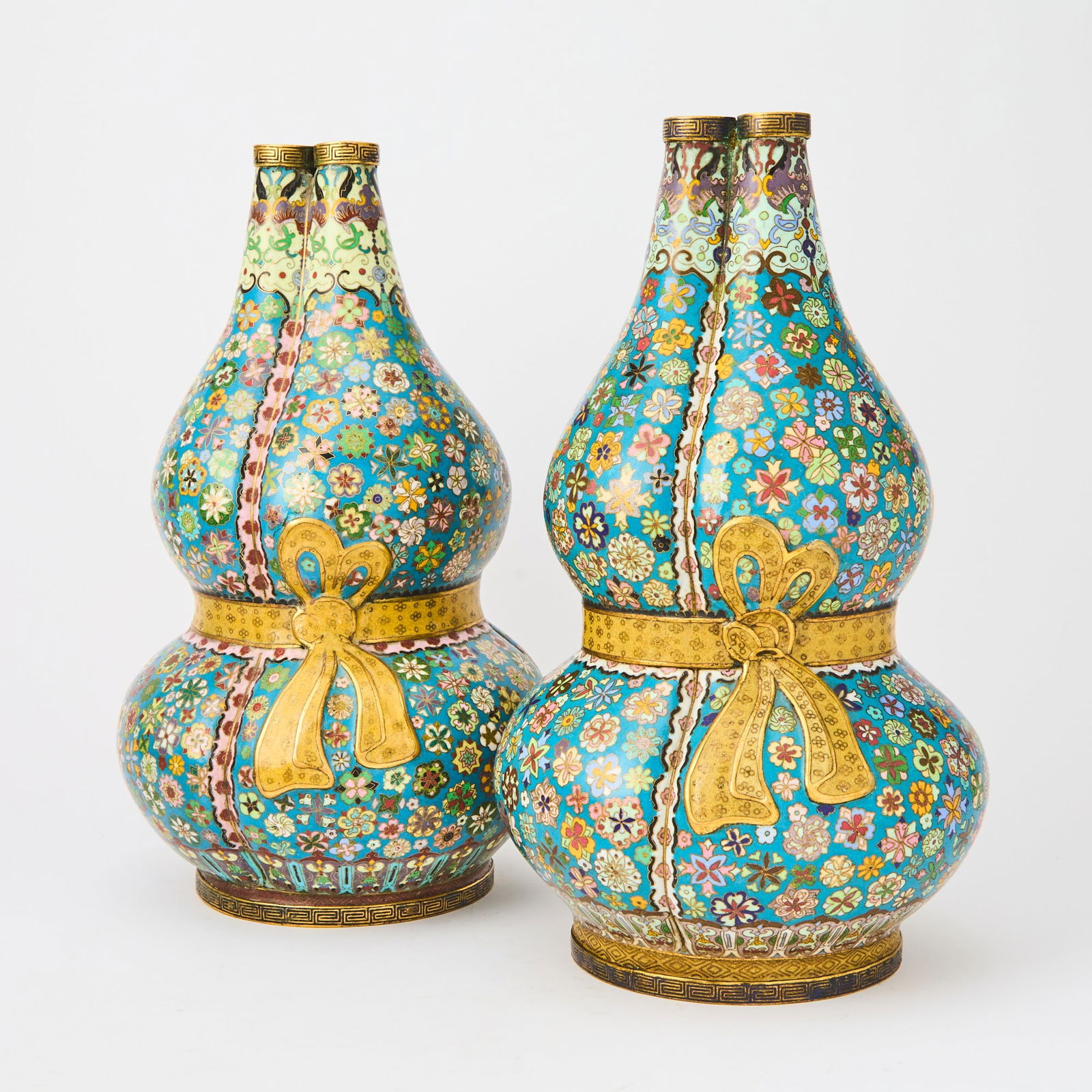 A Pair of Chinese Cloisonne Enamel Triple-Neck Double-Gourd Vases Qianlong Mark, Late Qing (1 of 5)