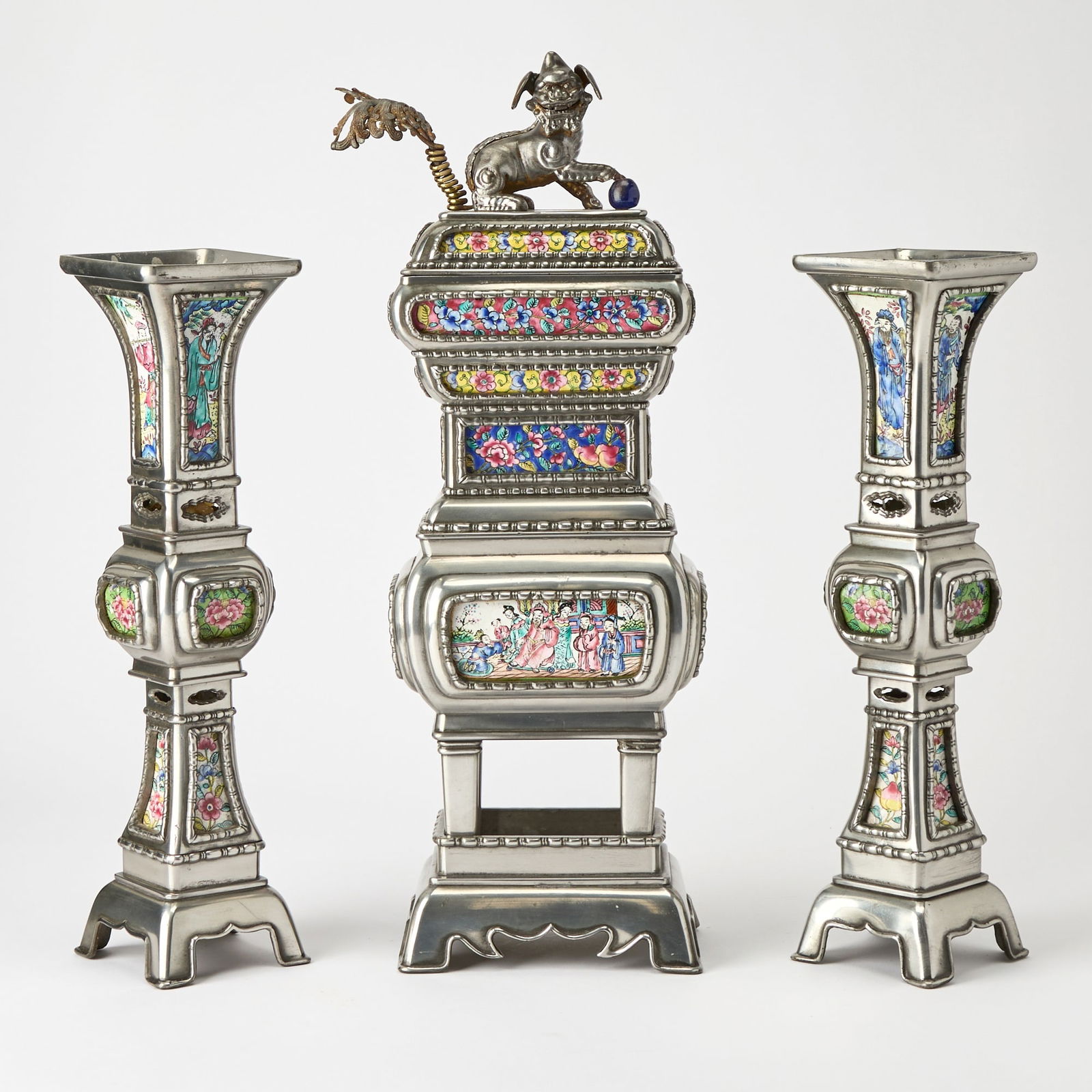 A Large Chinese Three-Piece Pewter Garniture Late Qing Dynasty (1 of 3)