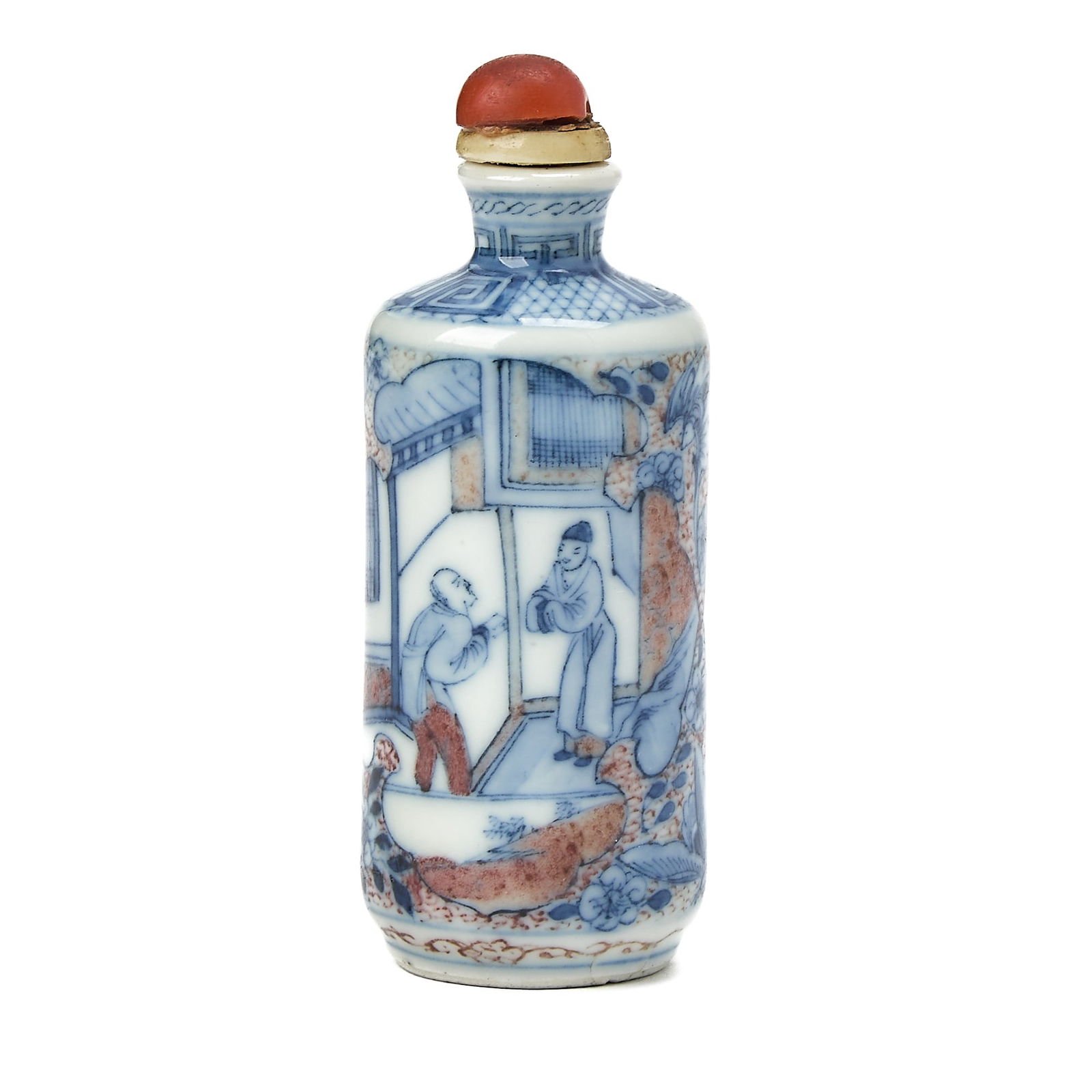 A Chinese Blue and Copper Red Porcelain Snuff Bottle 19th Century: Of cylindrical form; decorated with figural scenes within floral cartouches. (Height 3 1/4 inches) A minor chip to foot; otherwise in good condition.