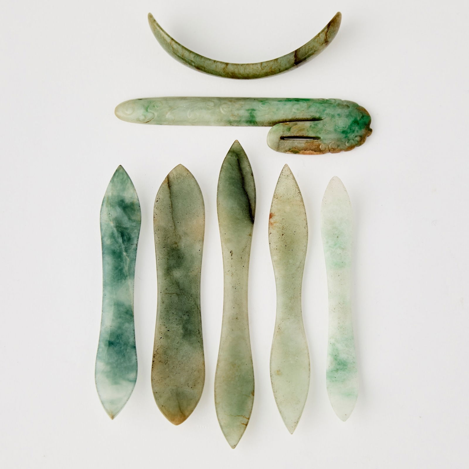 Seven Chinese Carved Jade and Jadeite Hairpins Qing Dynasty: Of varying sizes and forms. (Length 4 inches)