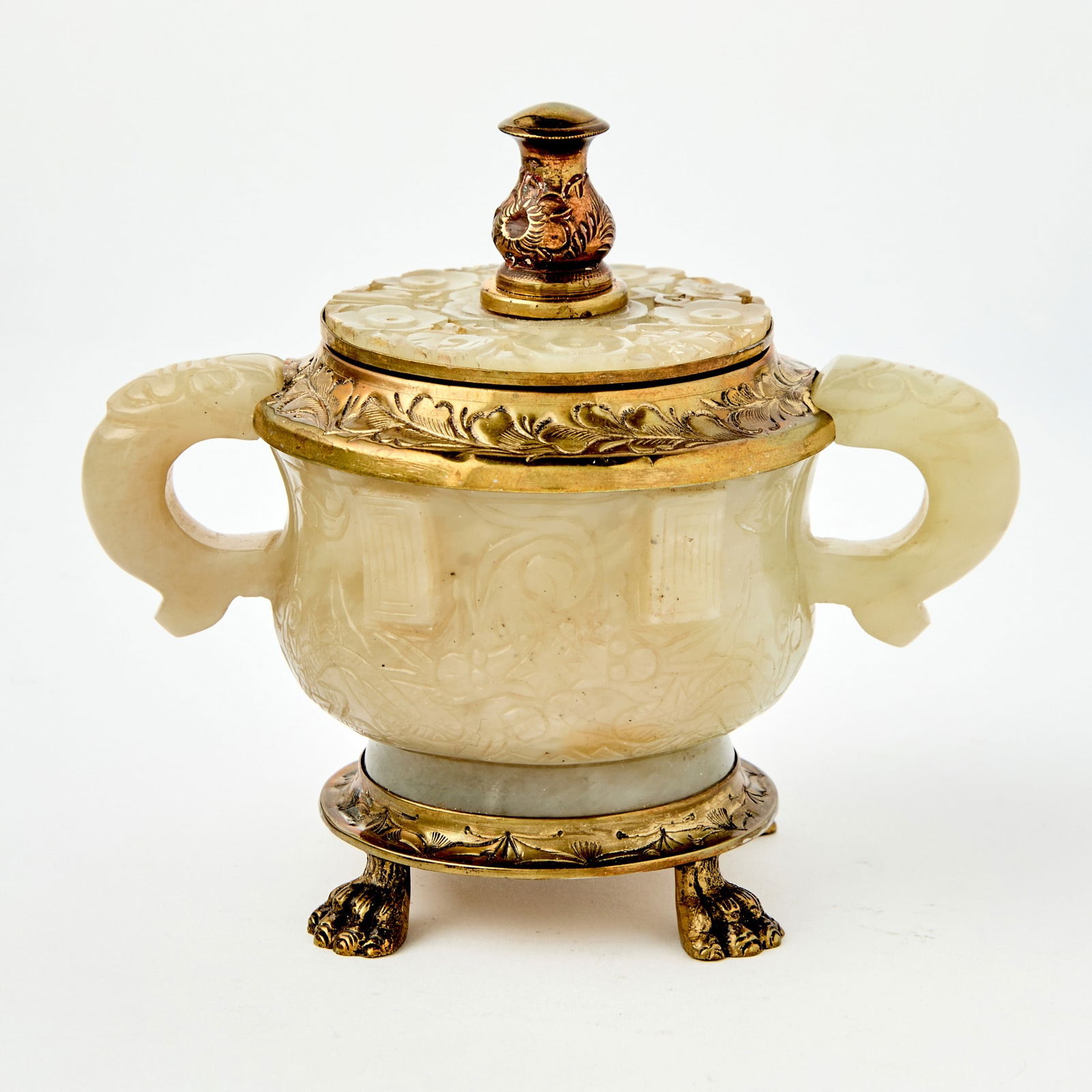 A Chinese White Jade Twin-Handled Cup with Later Gilt Silver Mounts Jade Qing Dynasty (1 of 5)