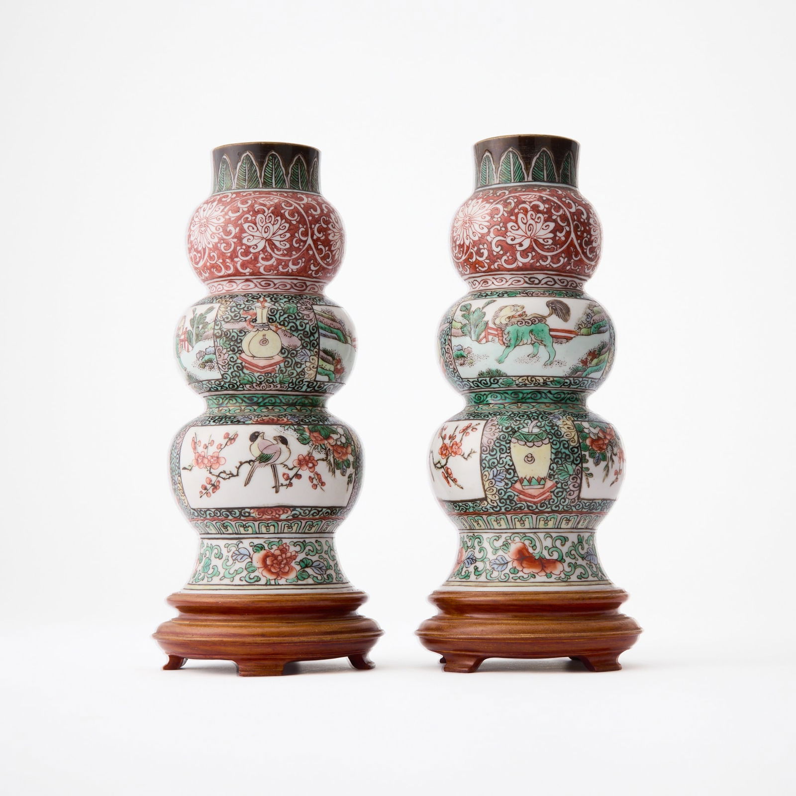 A Pair of Chinese Famille Verte Porcelain ‘Triple Gourd’ Vases Kangxin Period (1 of 8)