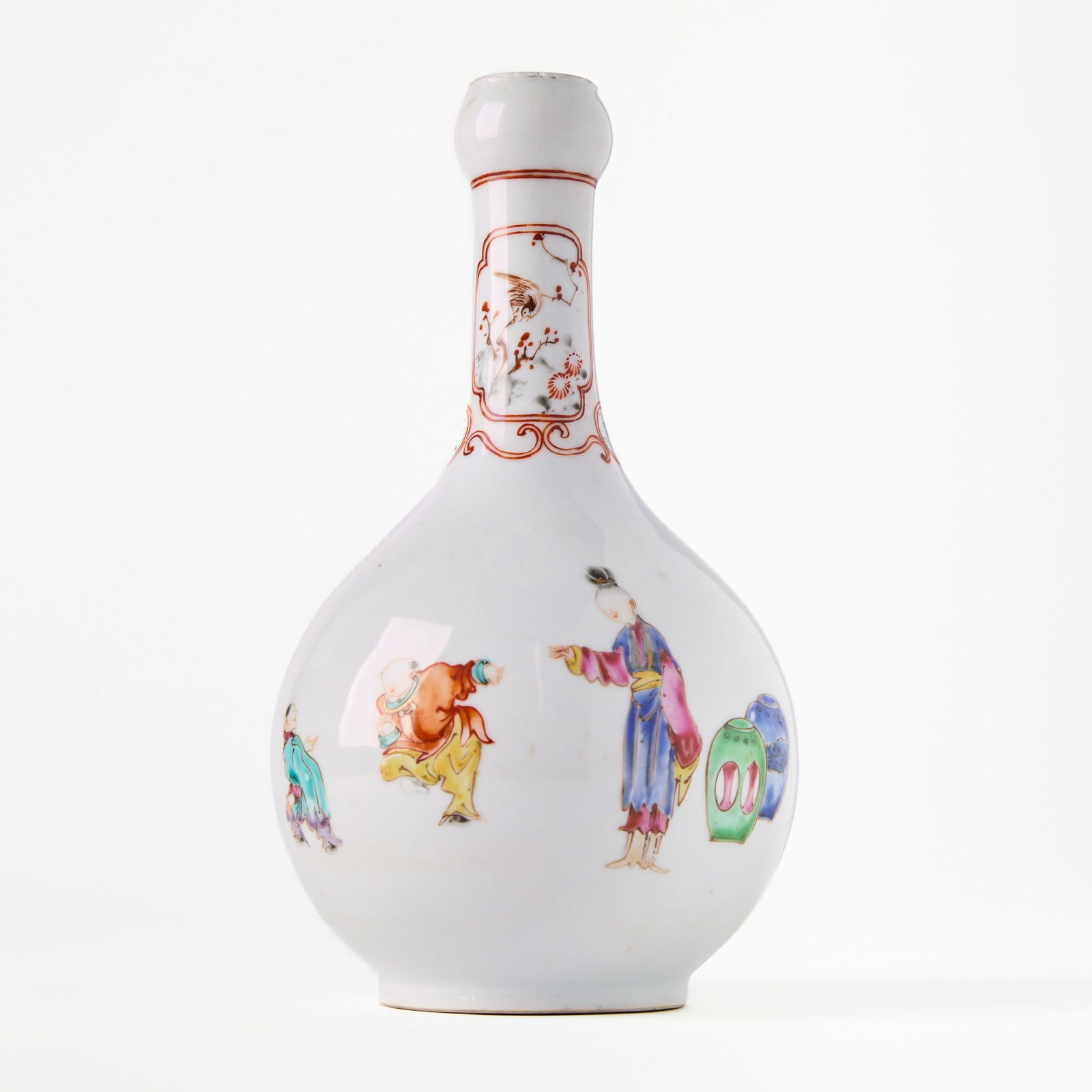 A Chinese Export Porcelain Garlic-Head Vase 18th Century: Decorated in the famille rose palette with figures engaged in daily activities, beneath a broad border of cartouches depicting birds and flowers. (Height 8 3/4 inches) There is a visible restoration t
