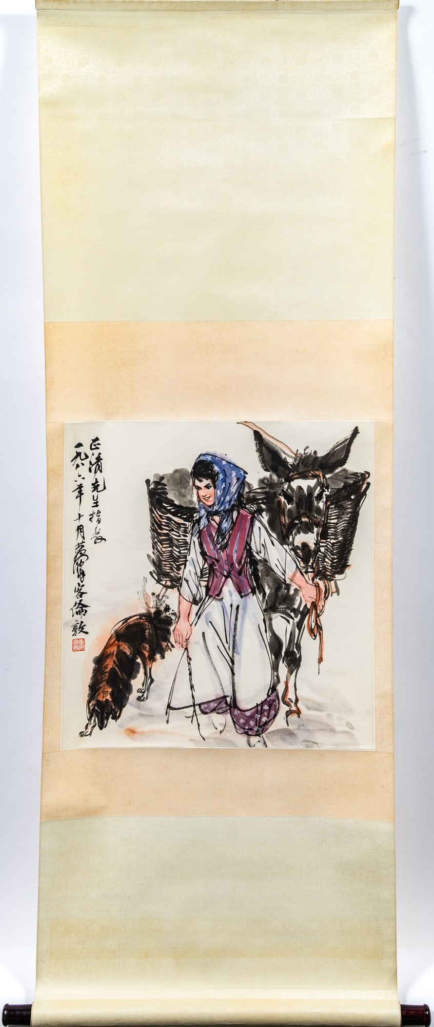 A Chinese Painting, Attributed to Huang Zhou Dated 1986: Ink and color on paper; inscribed, signed and sealed; mounted as a hanging scroll. Depicting a country woman with a donkey and a dog. (Sight 19 1/2 x 20 1/2 inches)