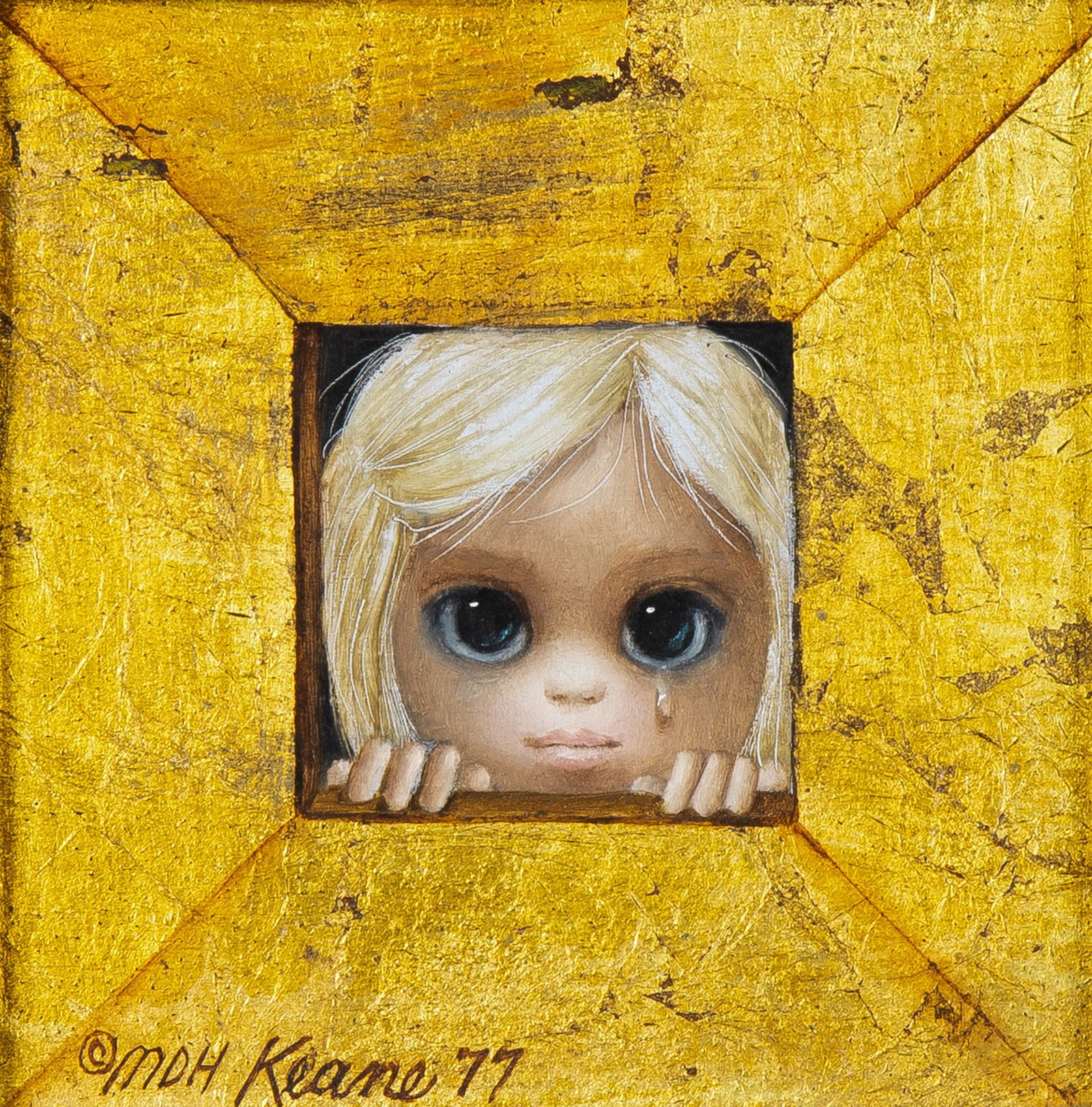 Margaret Keane: American, 1927-2022 In a corner, 1977 Signed and dated MDH KEane 77 (ll) Goldleaf and oil on Masonite 4 1/2 x 4 1/2 inches (11.4 x 11.4cm) Provenance: Mary Keane Gallery, Honolulu, HI Acquired from