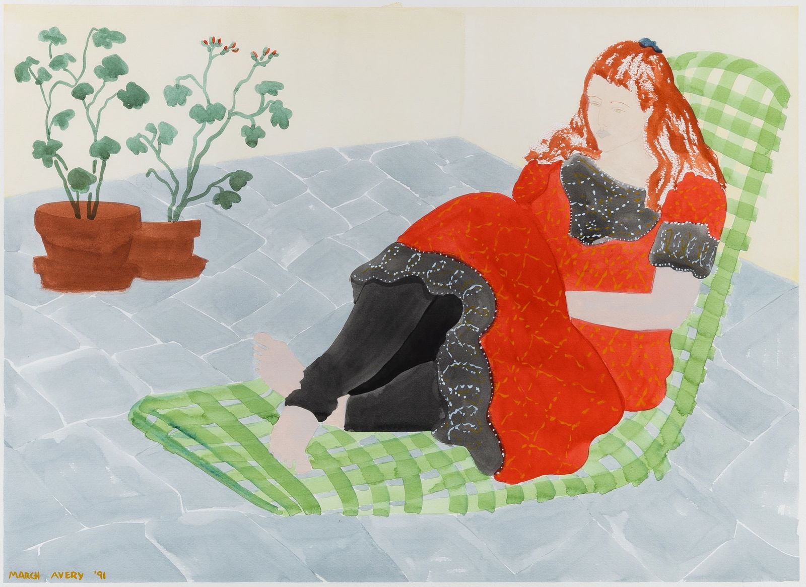 March Avery: American, b. 1932 Coco in Harem Dress, 1991 Signed and dated March Avery '91 (lr), signed and dated March Avery '91 and inscribed as titled on the reverse Watercolor on paper 22 x 30 inches (55.9 x