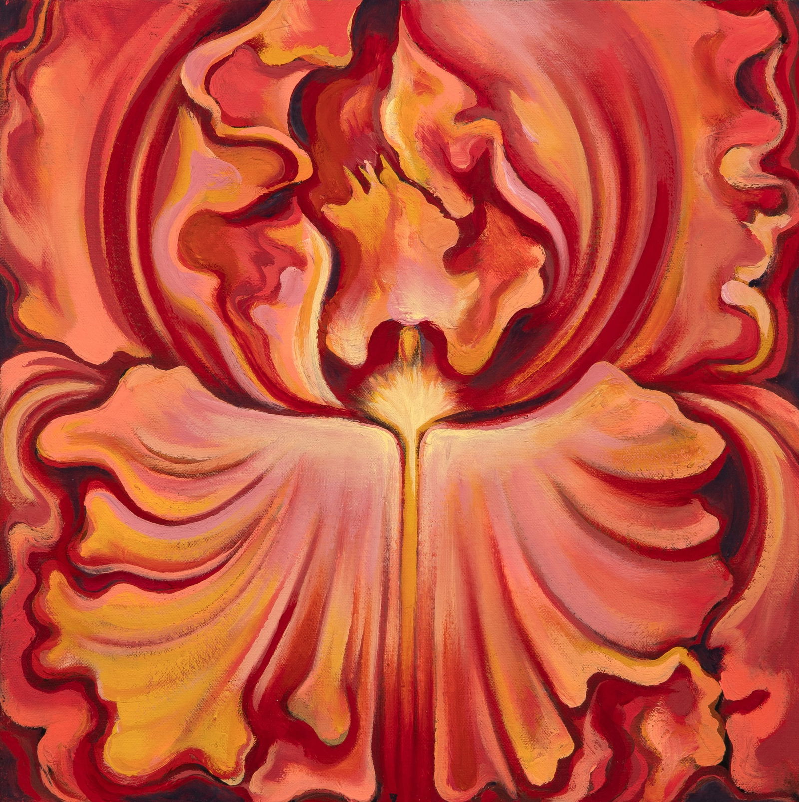 Lowell Nesbitt: American, 1933-1993 Rust Iris, 1982 Signed and dated L. Nesbitt © New York 1982 on the reverse Oil on canvas 14 1/8 x 14 1/8 inches (35.9 x 35.9 cm) (Framed 16 1/4 x 16 1/4 inches) 