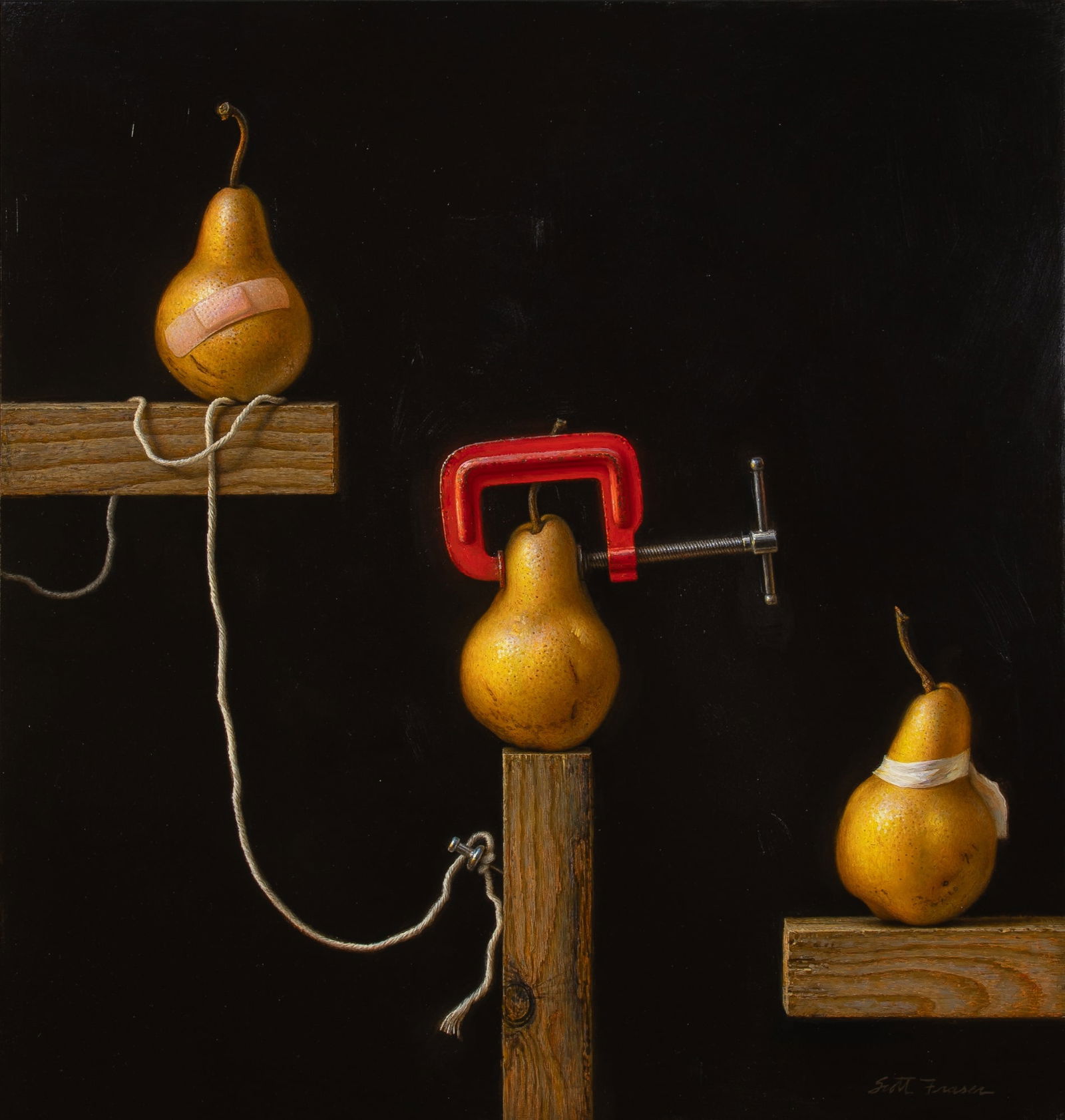 Scott Fraser: American, b. 1957 Three Pears Signed Scott Fraser (lr) Oil on panel 19 x 18 inches (Framed 26 1/2 x 25 1/2 inches) Overall in excellent condition. The surface is smooth and clean. No signs of prior