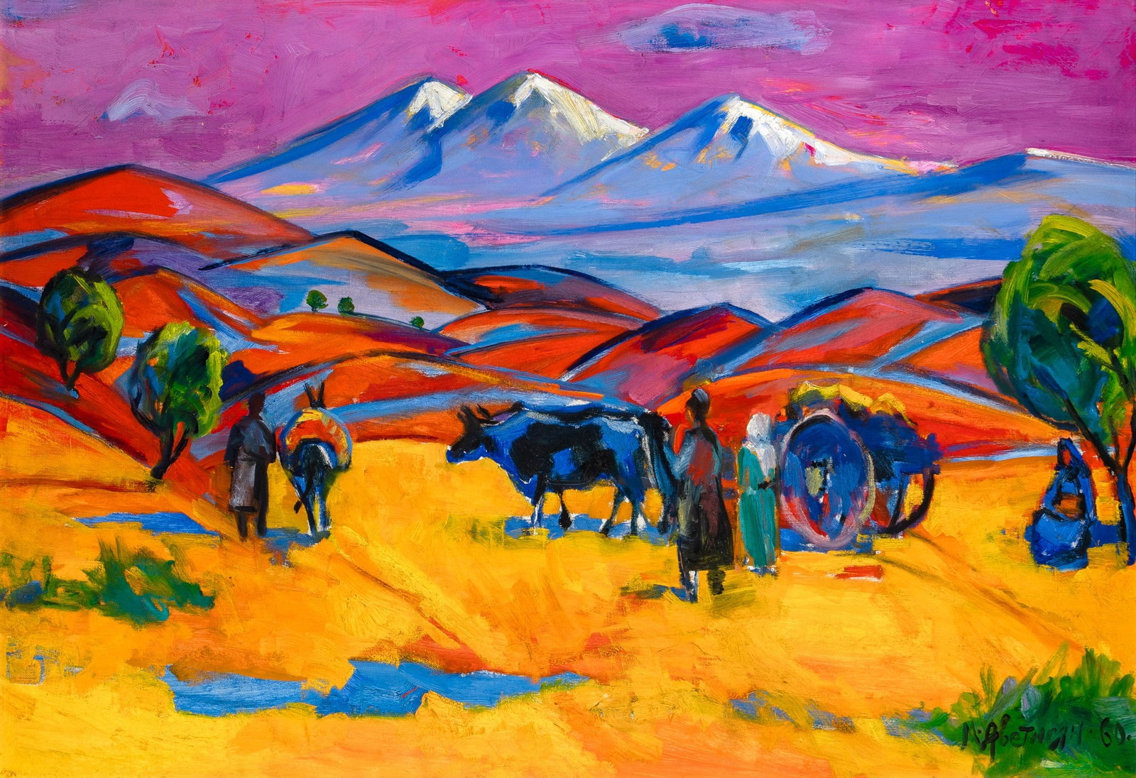 Minas Avetisyan: Armenian, 1928-1975 Highlanders, 1960 Signed and dated (lr) and on the verso Oil on canvas 27 1/4 x 39 3/4 inches (69 x 101 cm)Provenance: Private Collection, Los AngelesThis work is accompanied by a