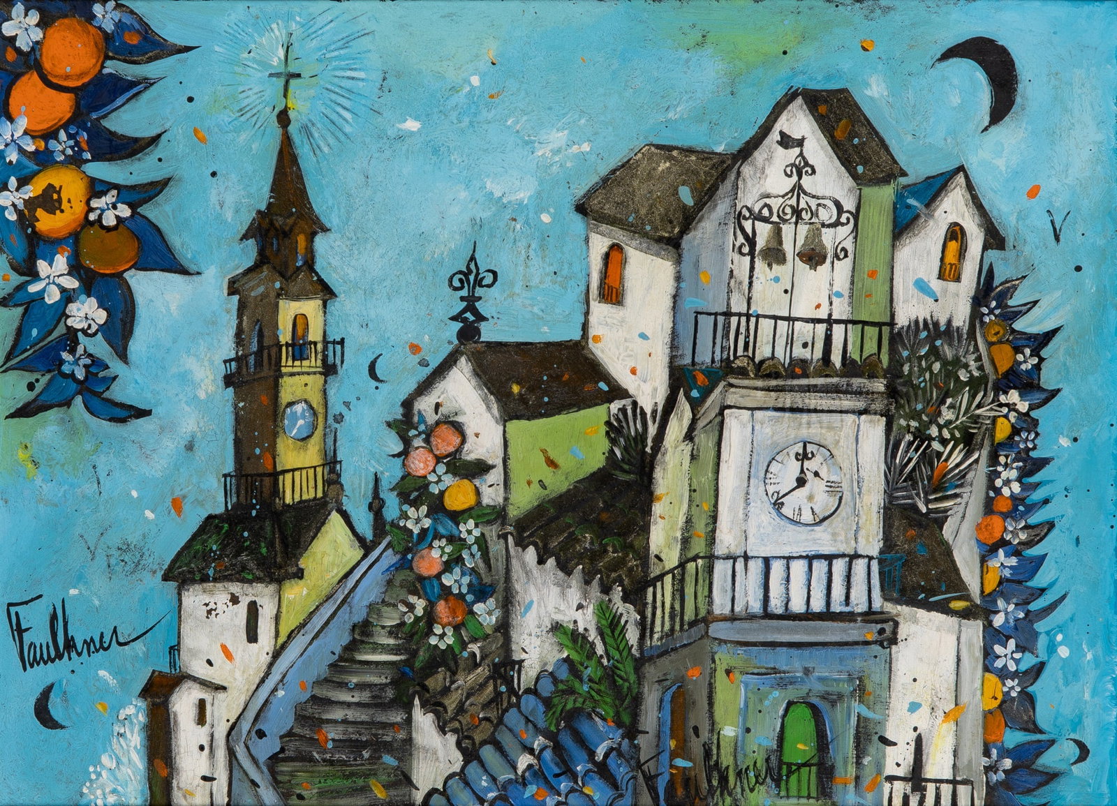 Henry Lawrence Faulkner: American, 1924-1981 Village Signed Faulkner (ll) and again Faulker (lr) Oil on board 10 1/2 x 14 1/2 inches (26.7 x 36.8cm) (Framed 14 1/2 x 18 1/2 inches) Overall in great condition. No signs of