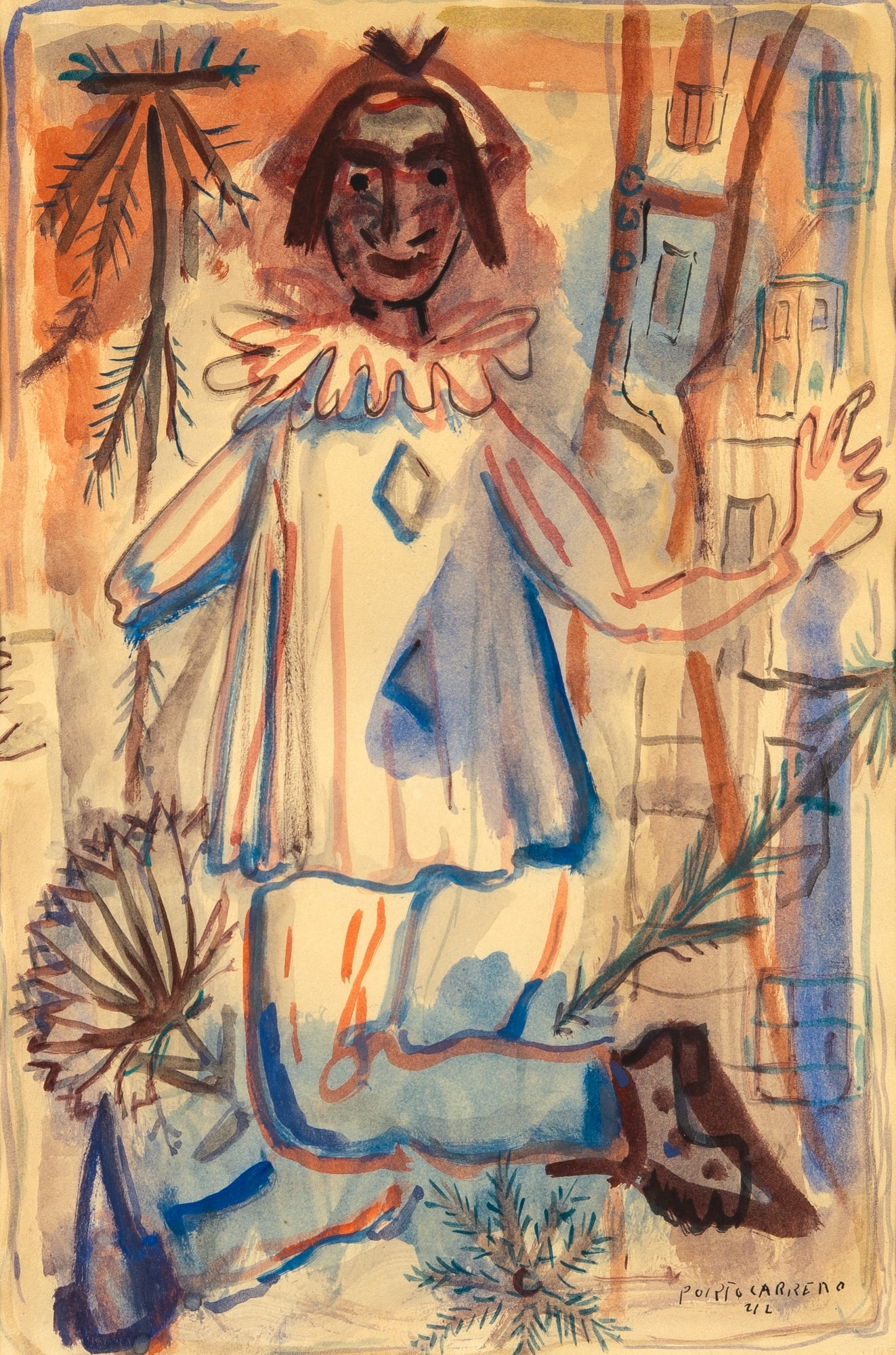 Rene Portocarrero: Cuban, 1912-1985 Harlequin, 1942 Signed and dated Portocarrero 42 (lr) Ink and watercolor on paper 14 x 10 inches (35.5 x 25.4 cm)Provenance: Acquired directly from the artist by Eduardo de Acevedo