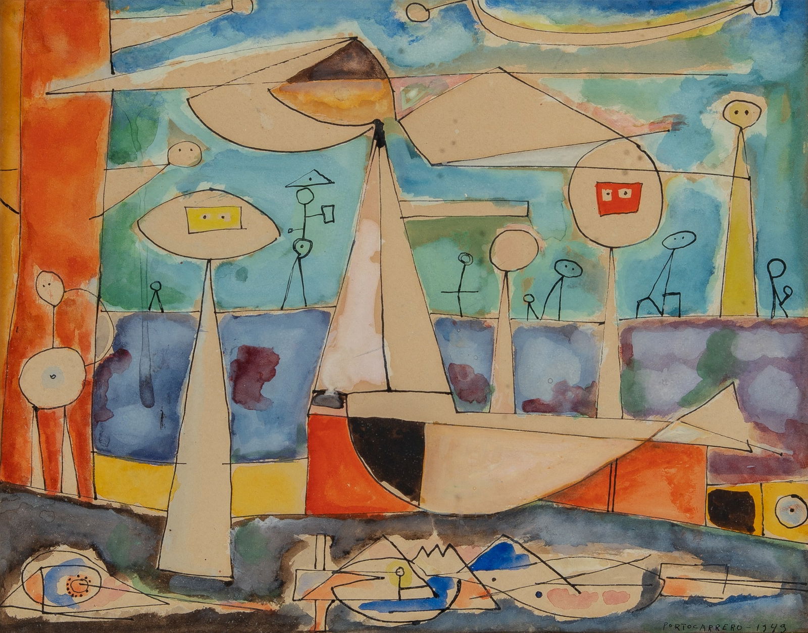 Rene Portocarrero: Cuban, 1912-1985 Untitled, 1949 Signed and dated Portocarrero 1949 (lr) Ink and watercolor on paper 11 x 13 3/4 inches (28 x 35 cm) Provenance: Acquired directly from the artist by Eduardo de