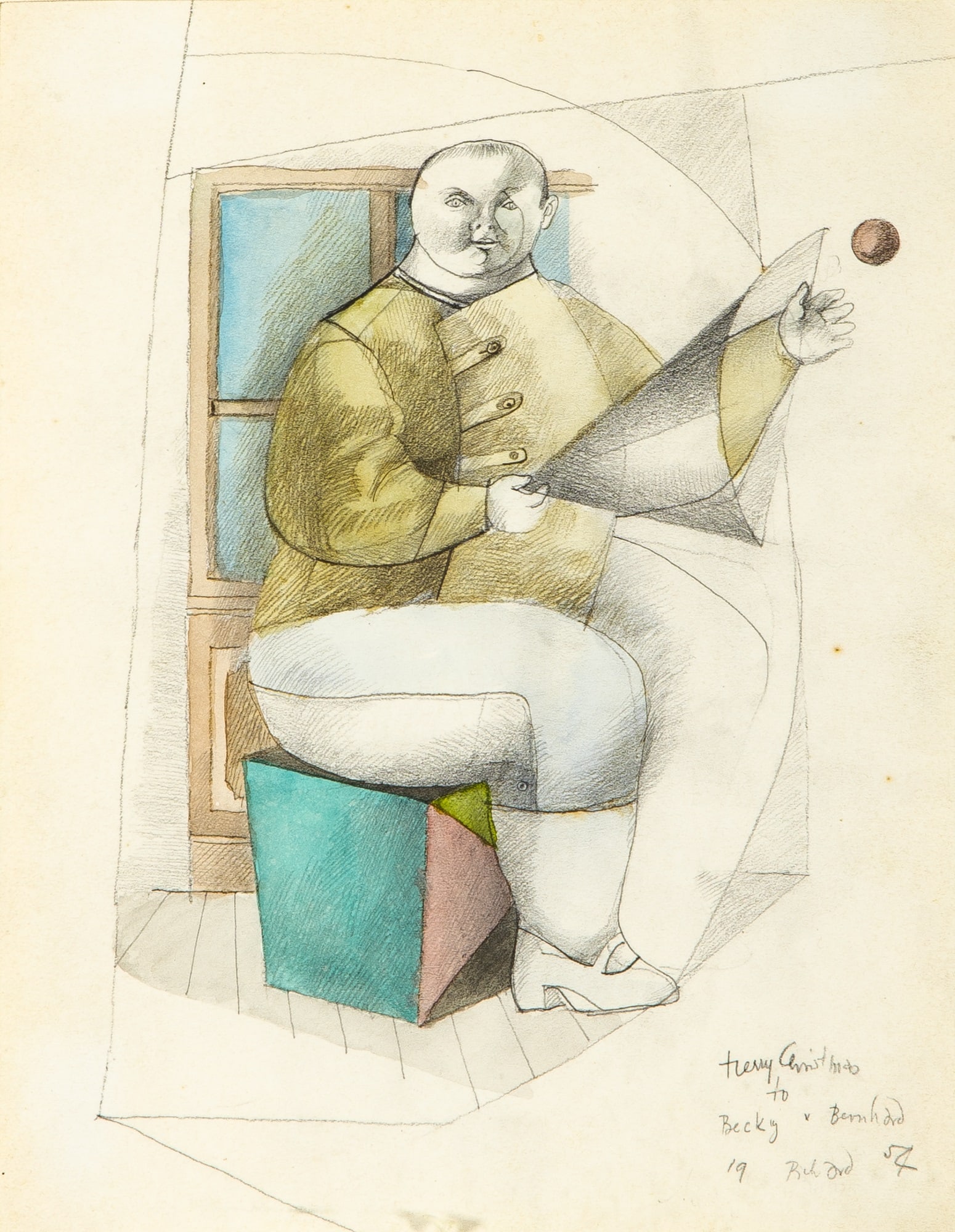 Richard Lindner: German/American, 1901-1978 Boy, 1954 Dedicated, dated, and signed ‘Merry Christmas to Becky & Bernard 19 Richard 54’ (lr) Pencil and watercolor on paper 9 x 7 inches (22.9 x 17.8cm) 