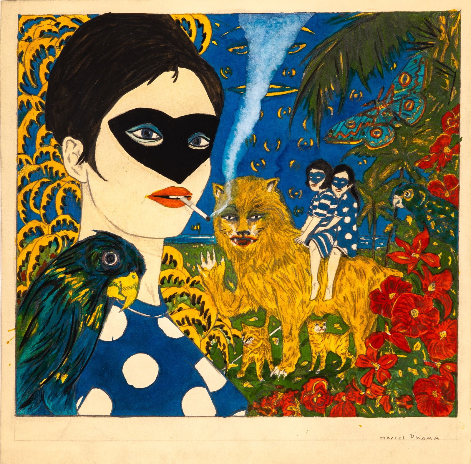 Marcel Dzama: Canadian, b. 1974 A Family Portrait on the Shores of Utopia, 2021 Signed Marcel Dzama (lr) Pearlescent acrylic ink, watercolor, and graphite on paper 12 3/8 x 12 1/2 inches (31.4 x 31.8cm) 